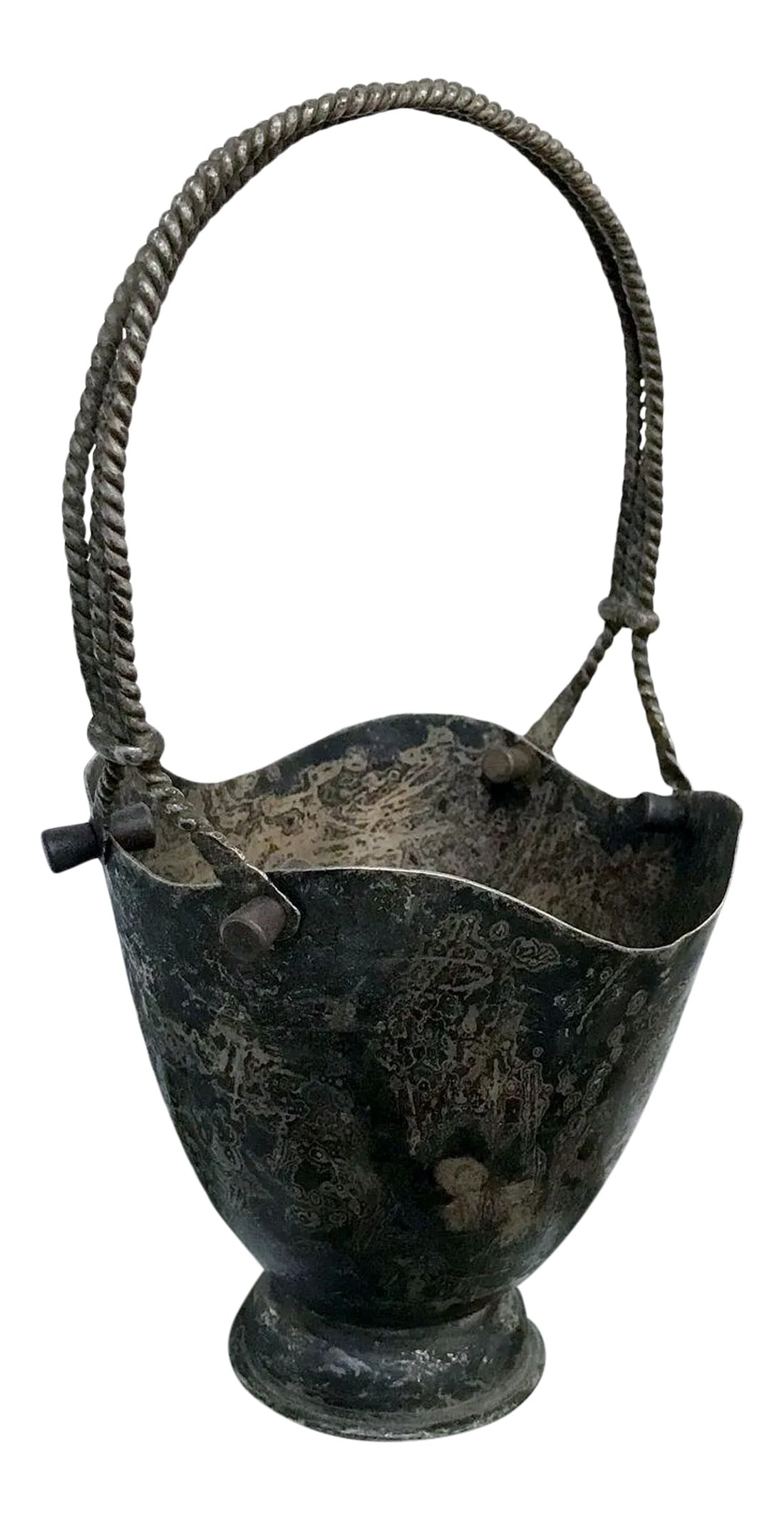 1960s Taxco Patinated Silverplate Heart Basket Mexico: Modern Mexico Silverplated Patinated Decorative Basket style Los Castillo Taxco Mexico. Stamped underneath with foundry stamp. 9 h x 4.75 diameter Patinated Vintage original unrestored condition. See