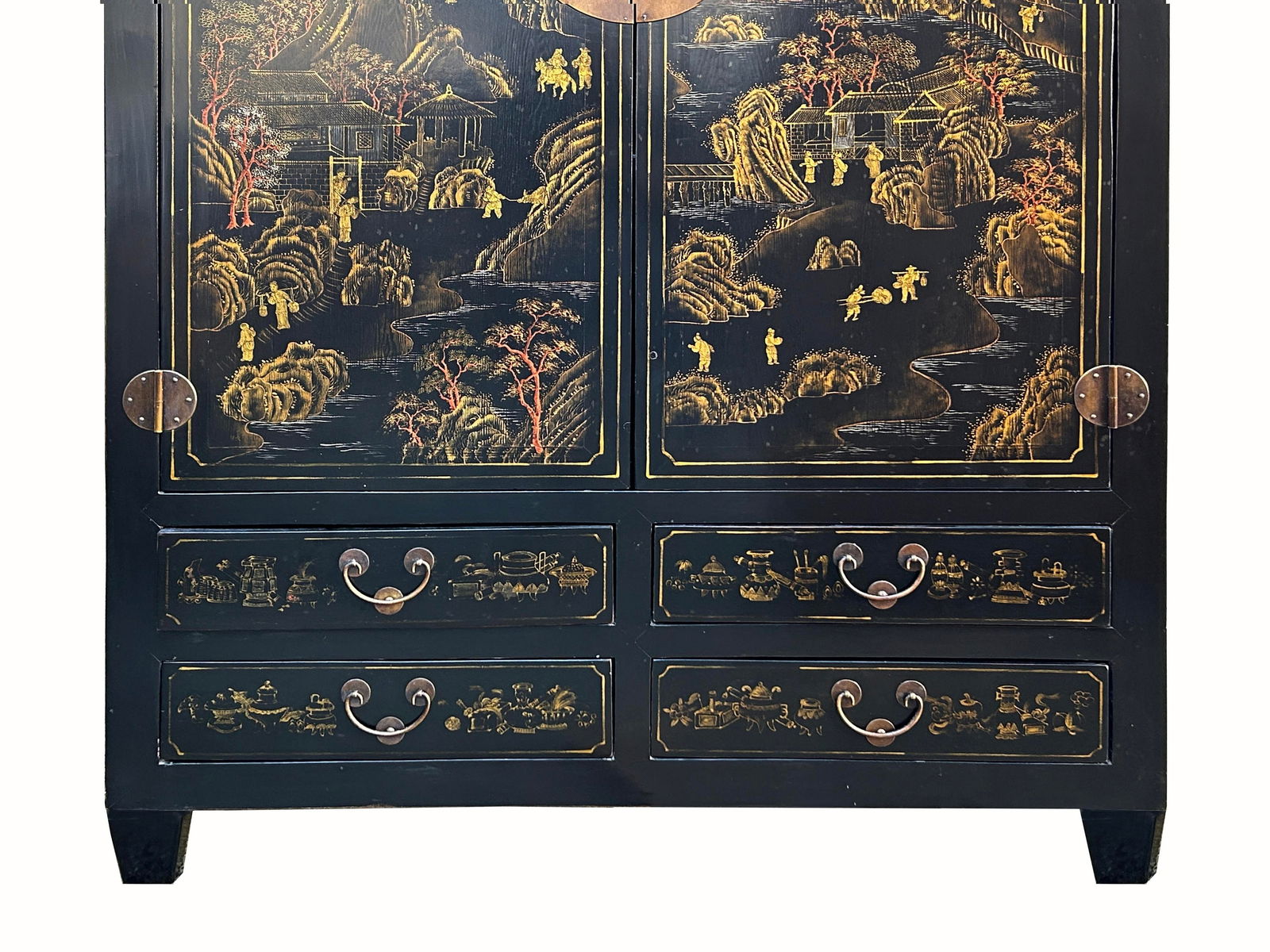 Vintage Chinese Black Golden Scenery Storage Armoire Wardrobe Cabinet - 10
