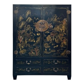 Vintage Chinese Black Golden Scenery Storage Armoire Wardrobe Cabinet