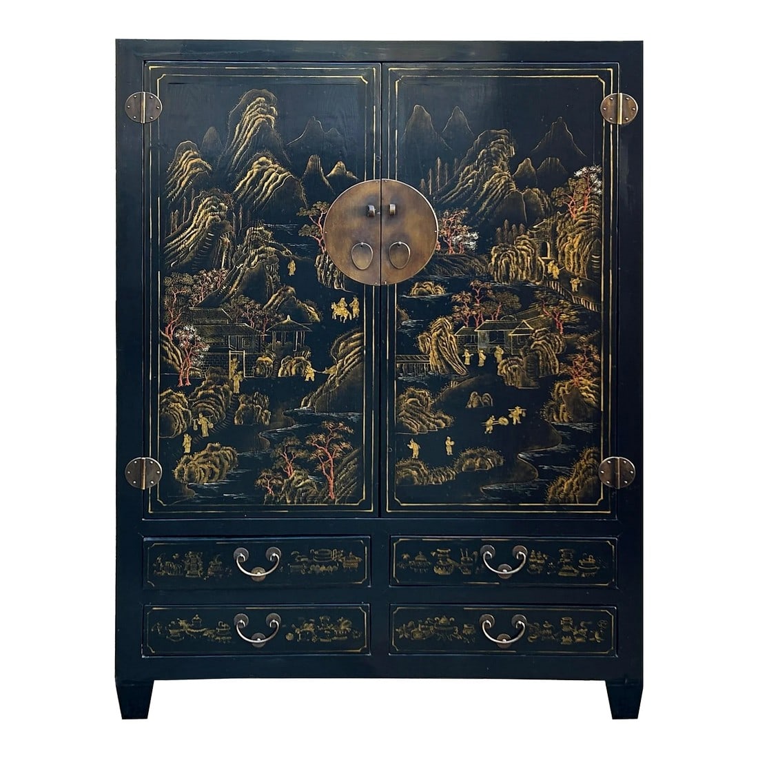 Vintage Chinese Black Golden Scenery Storage Armoire Wardrobe Cabinet: This exquisite vintage Chinese armoire is a testament to traditional craftsmanship. The cabinet is finished in a deep black lacquer, providing a luxurious backdrop for the hand-painted gold scenery. T