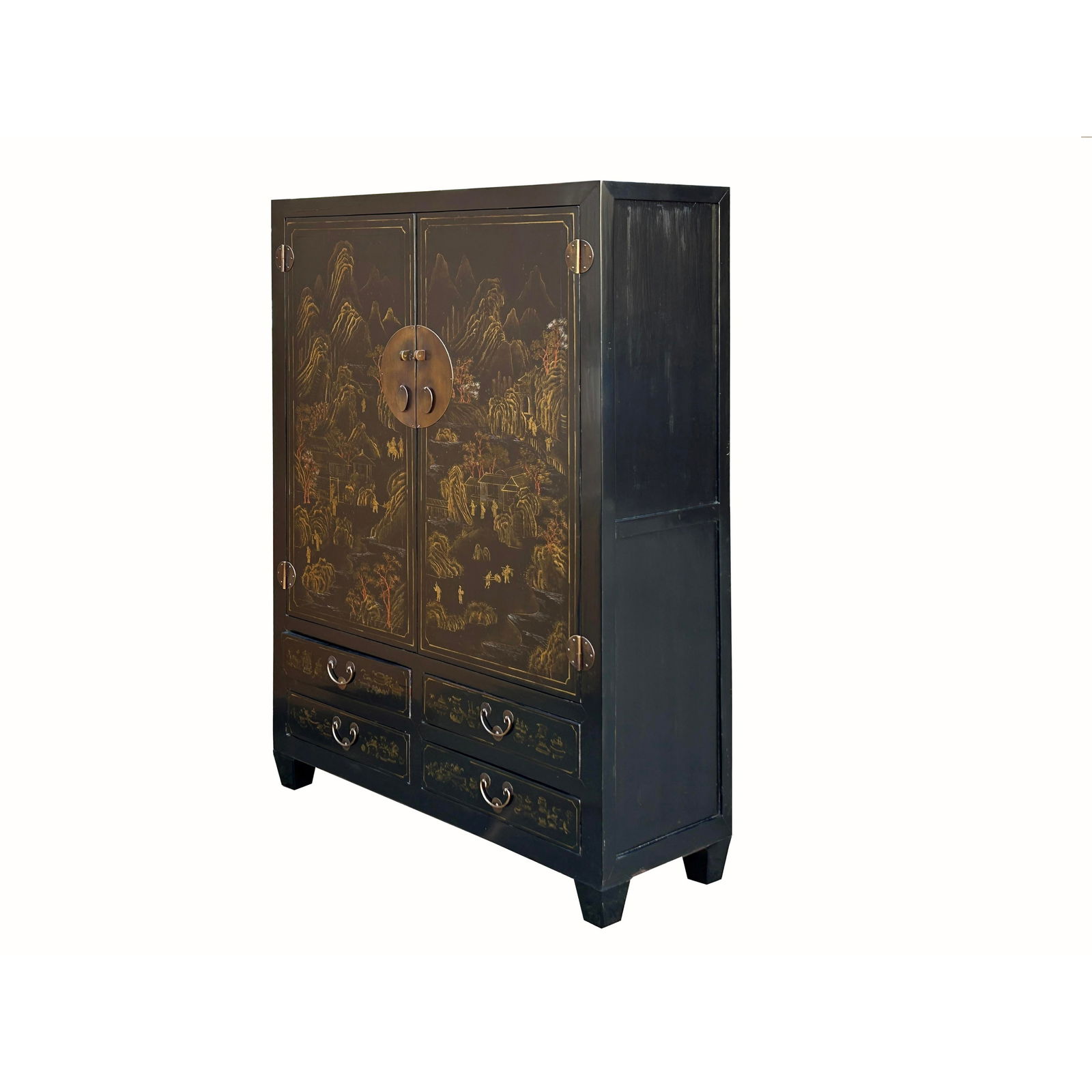 Vintage Chinese Black Golden Scenery Storage Armoire Wardrobe Cabinet - 2