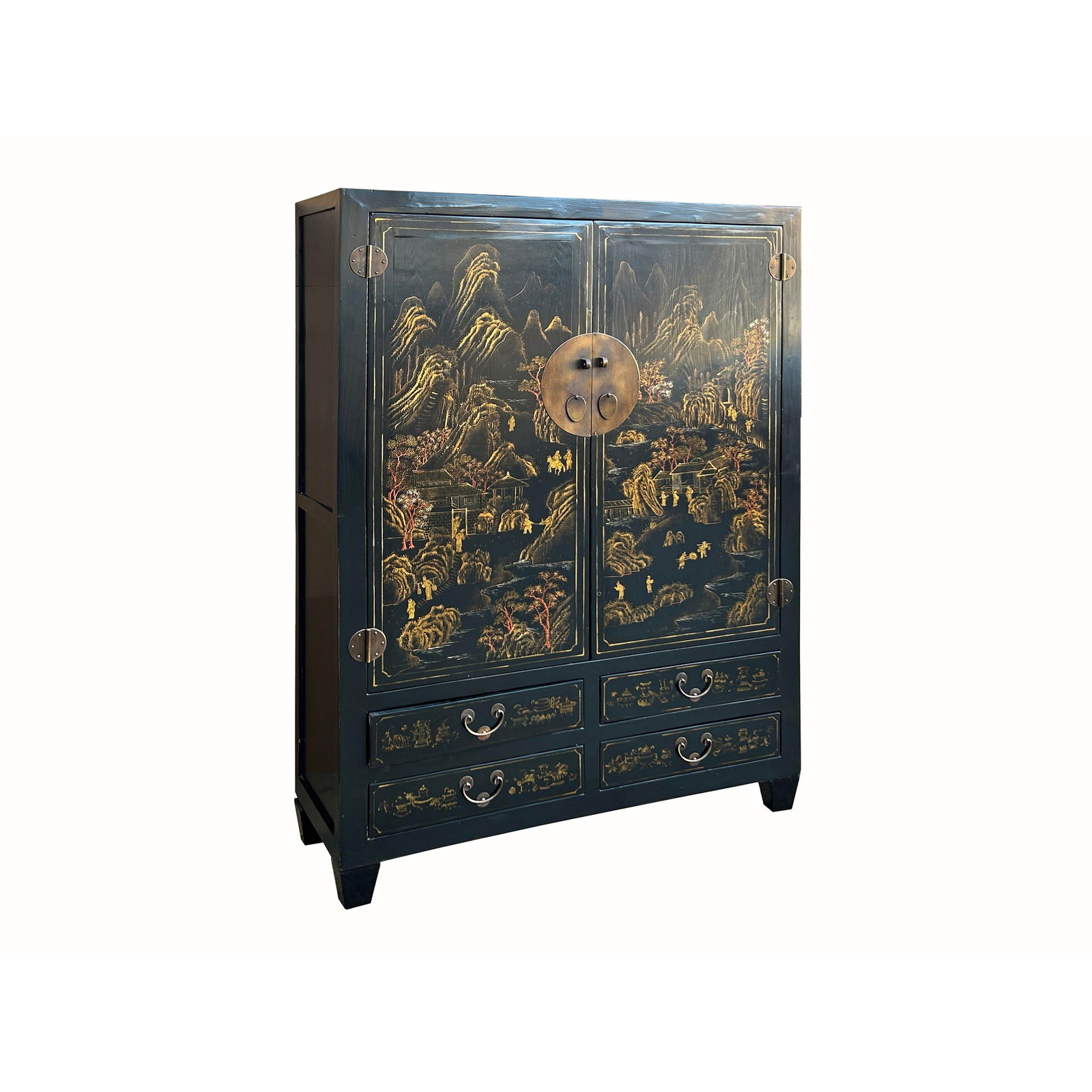 Vintage Chinese Black Golden Scenery Storage Armoire Wardrobe Cabinet - 3