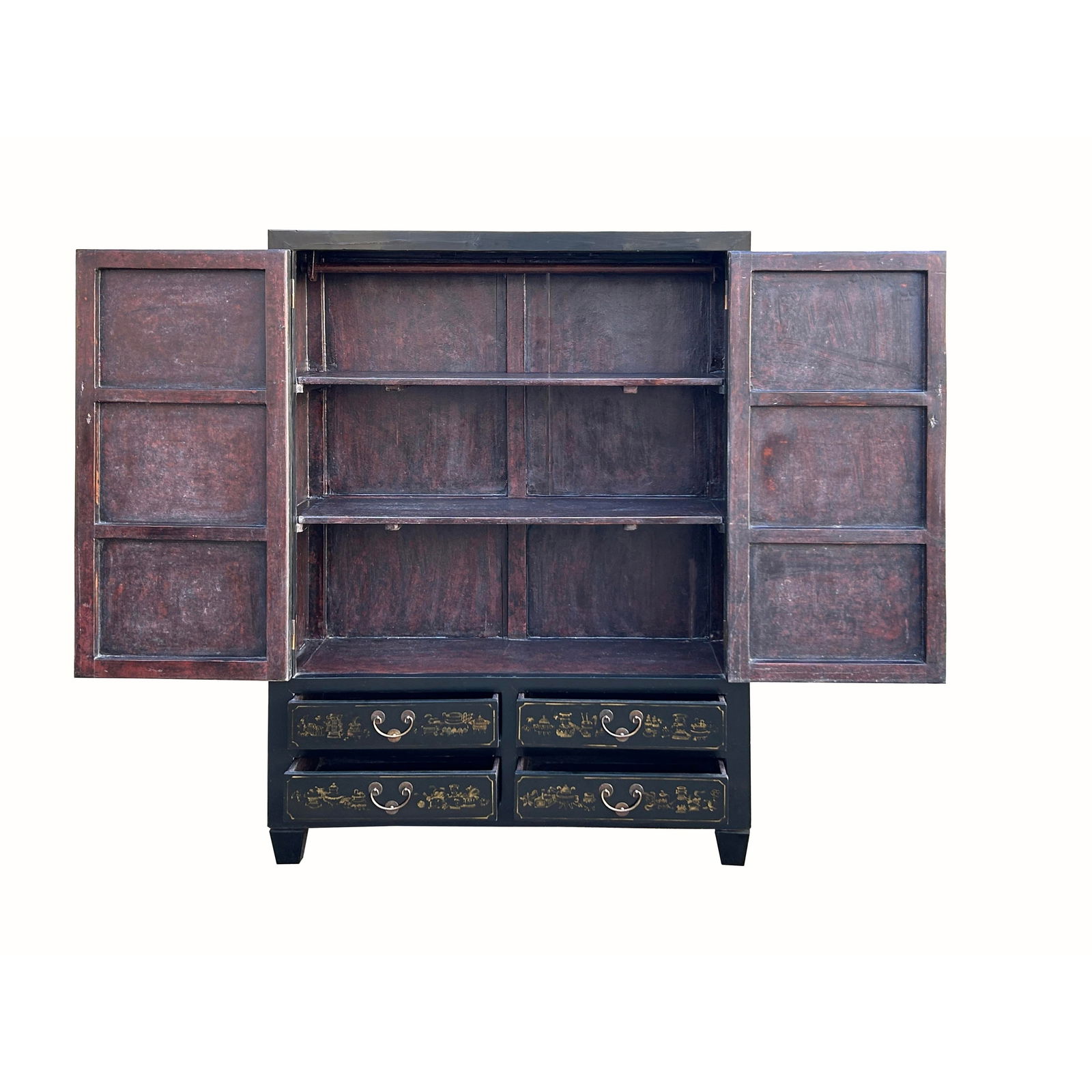 Vintage Chinese Black Golden Scenery Storage Armoire Wardrobe Cabinet - 4