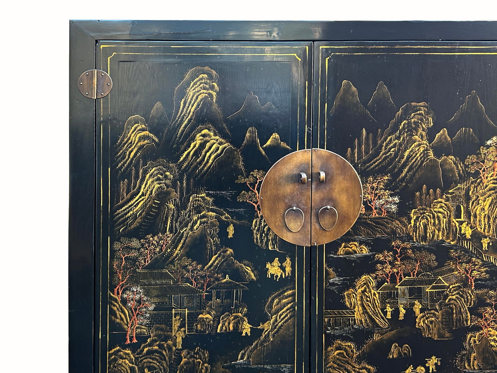 Vintage Chinese Black Golden Scenery Storage Armoire Wardrobe Cabinet - 5