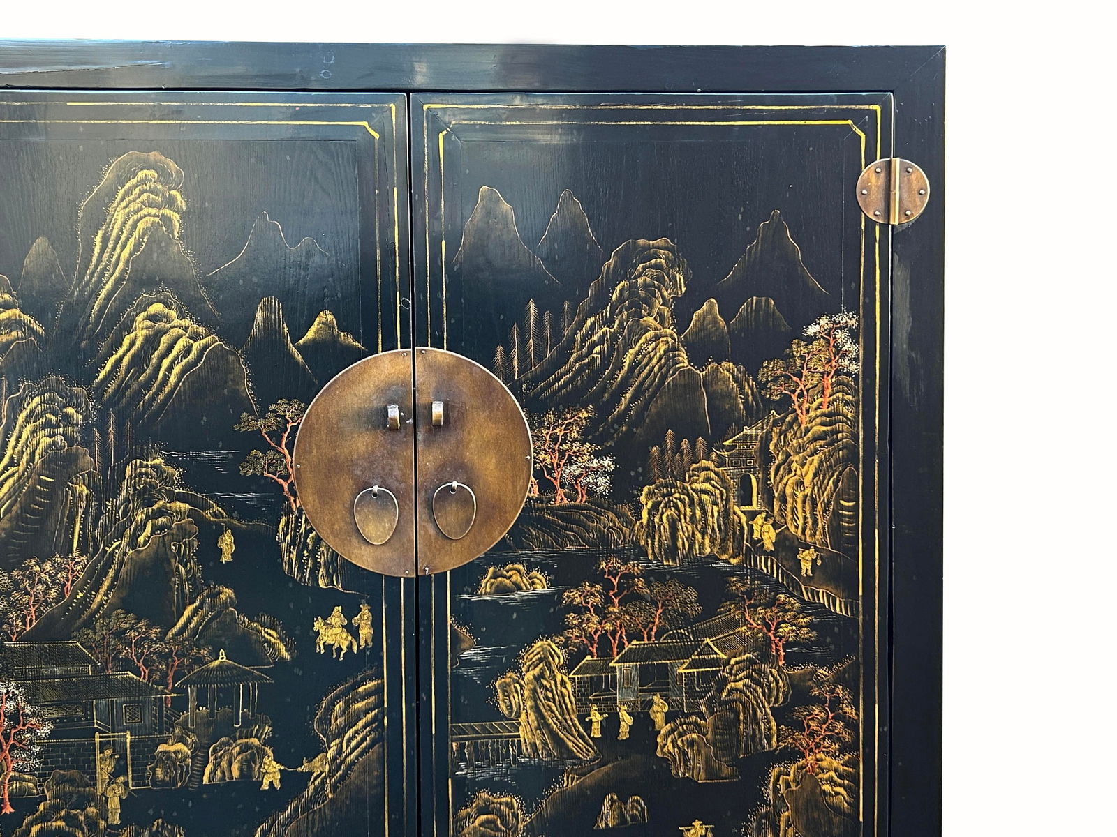 Vintage Chinese Black Golden Scenery Storage Armoire Wardrobe Cabinet - 6