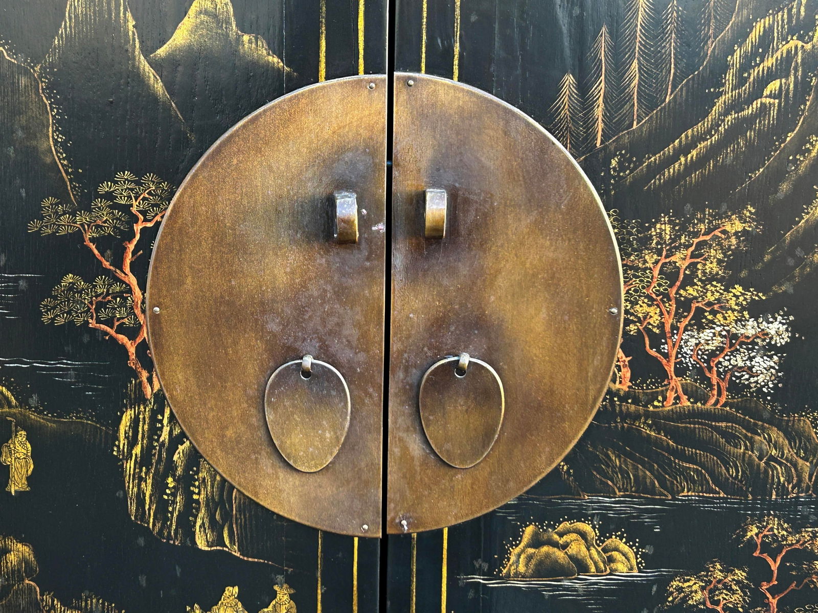 Vintage Chinese Black Golden Scenery Storage Armoire Wardrobe Cabinet - 8