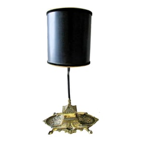 Vintage Japan Brass Inkwell Desk Lamp With Black Shade