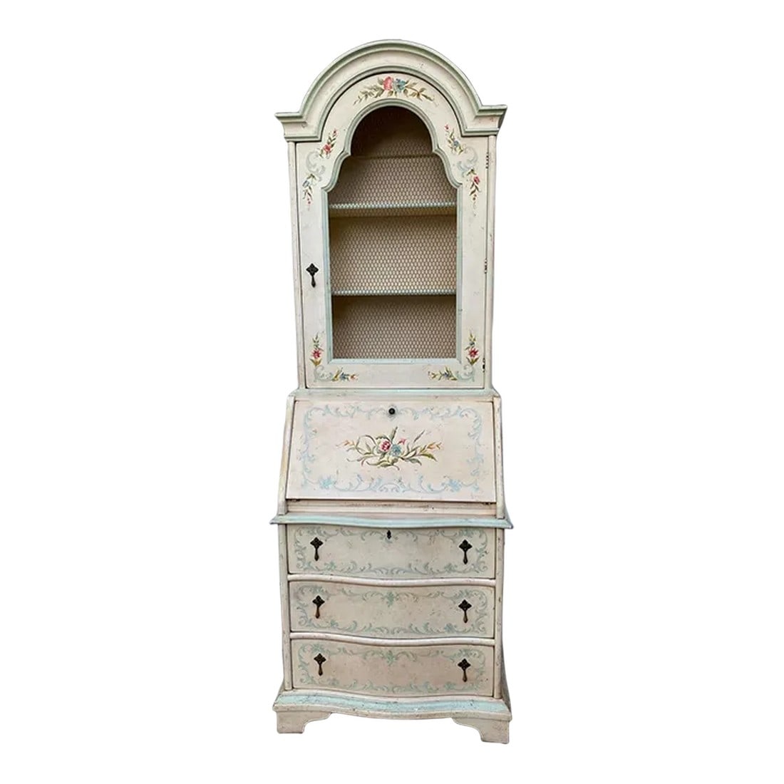 Vintage Mid Century John Widdicomb, Secretary Desk Original Painted Cream White With Delicate Painte: Lovely vintage Mid-Century John Widdicomb, Secretary Desk with original painted cream white with delicate painted flowers. This lovely piece has a desktop storage cabinet, drawers, and a writing desk