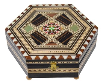 Mosaic Marquetry Moorish Octagonal Footed Music Box Granada Spain 1950