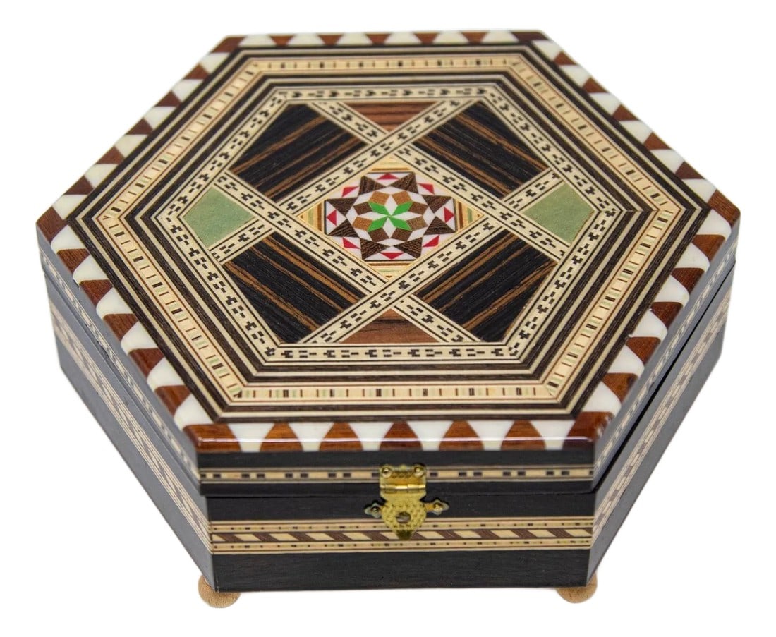 Mosaic Marquetry Moorish Octagonal Footed Music Box Granada Spain 1950 (1 of 12)