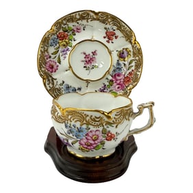 19th Century French, Boudois & Bloch Floral Gold-Trimmed Cup & Saucer Set