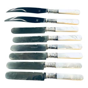 1930s Fruit & Butter Mother-Of-Pearl Handled Knives with Sterling Silver Accents- Set of 8