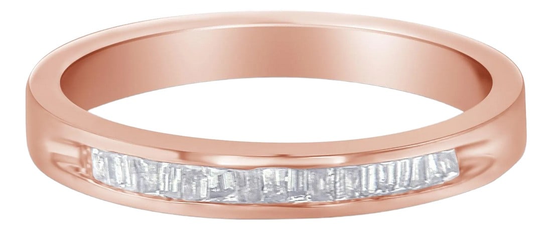 10K Rose Gold over .925 Sterling Silver 1/5 Cttw Diamond Channel-Set Stackable Band Ring (H-I Color,: Sparkling with 17 sleek baguette-cut stones, this elegant and understated diamond wedding or anniversary band will be sure to make the one you love happy on your special day. The diamonds have a