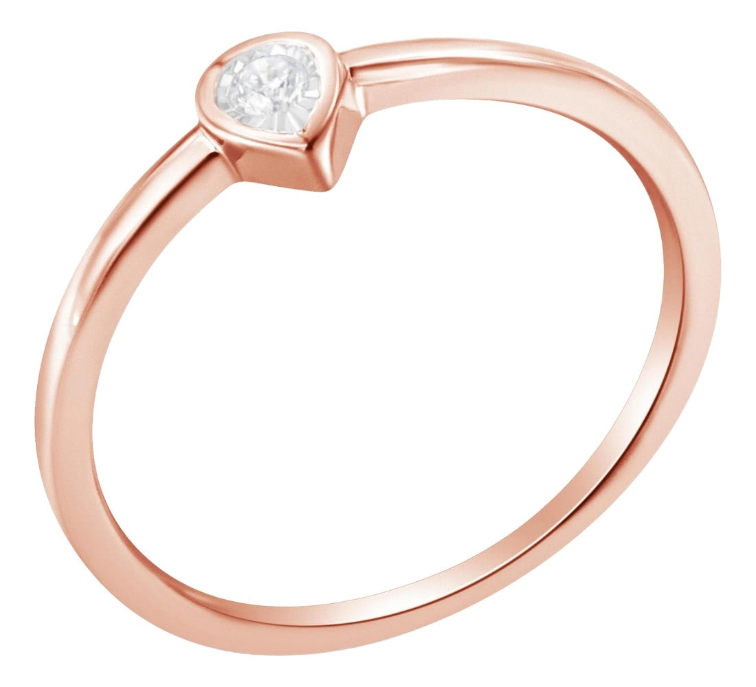 14K Rose Gold Plated .925 Sterling Silver 1/20 Carat Diamond Teardrop Pear-Shaped Miracle Set Petite: This delicate ring features a sparkling white diamond set in a band crafted in 2 micron 14 karat rose gold plated sterling silver. The miracle setting enhances the solitaire diamond, which weighs .05