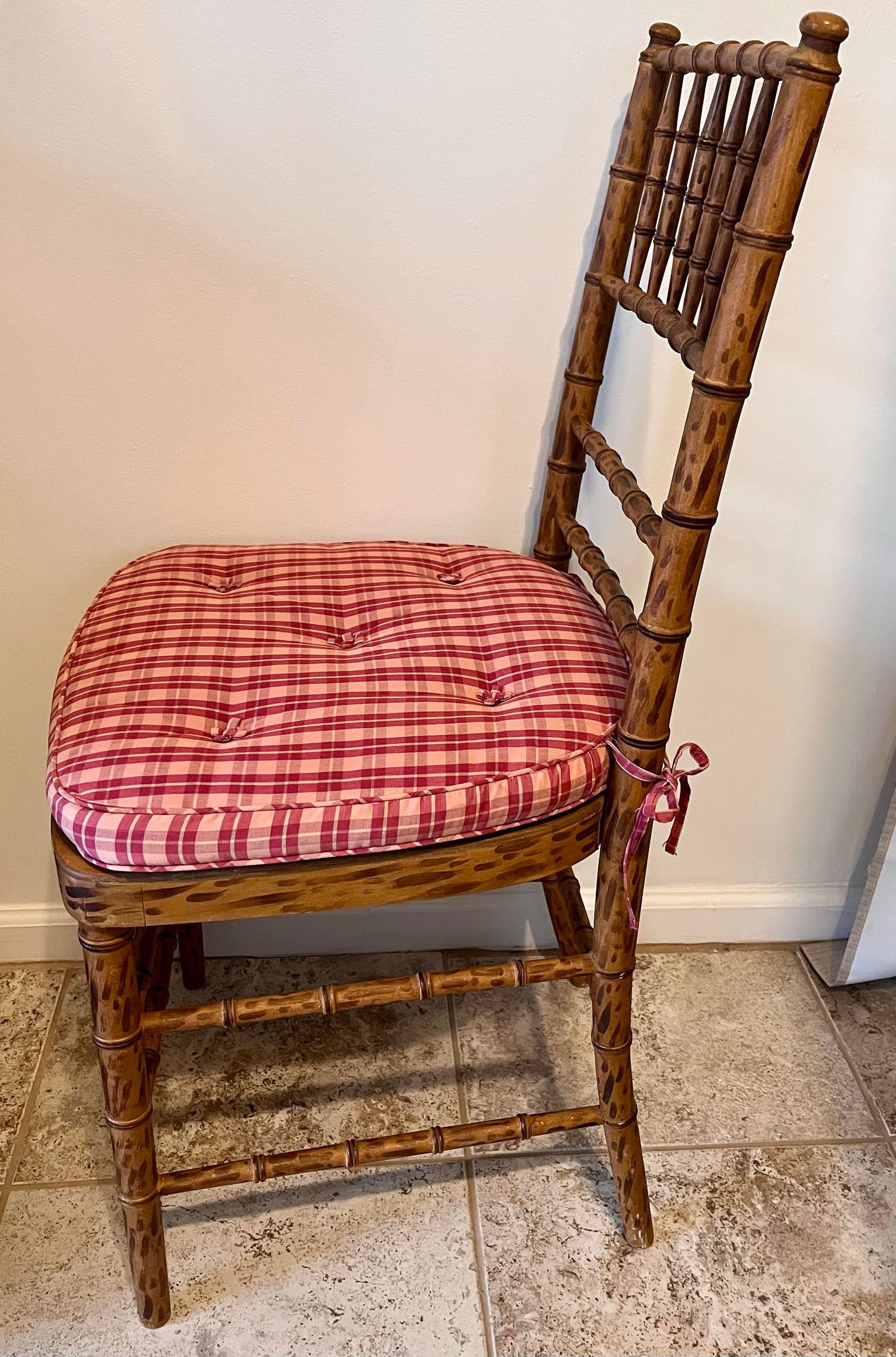 Mid 20th Century Faux Bamboo Tortoise Shell Finish Chair Made in Spain With Custom Red Raspberry Che - 3
