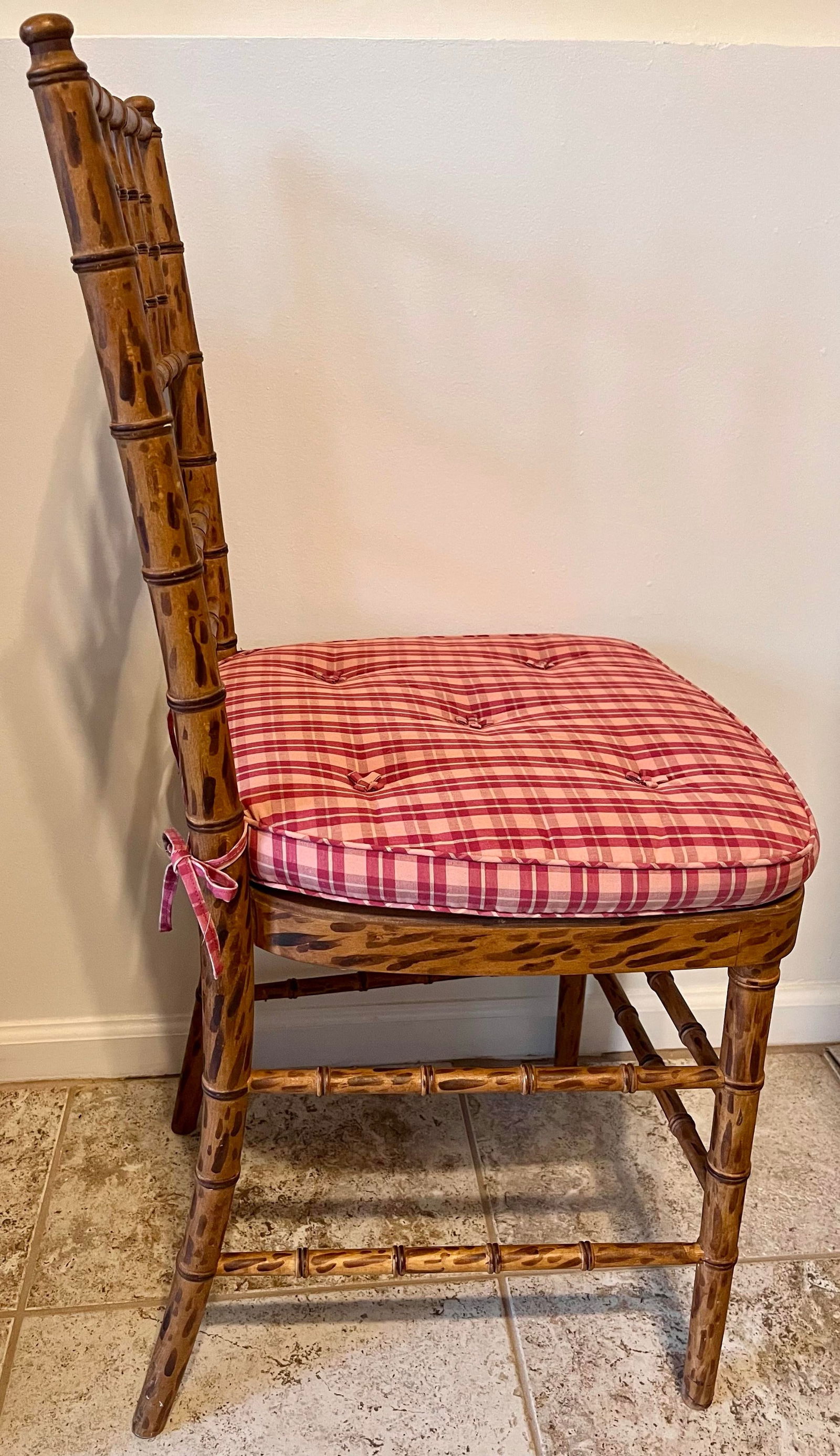 Mid 20th Century Faux Bamboo Tortoise Shell Finish Chair Made in Spain With Custom Red Raspberry Che - 5