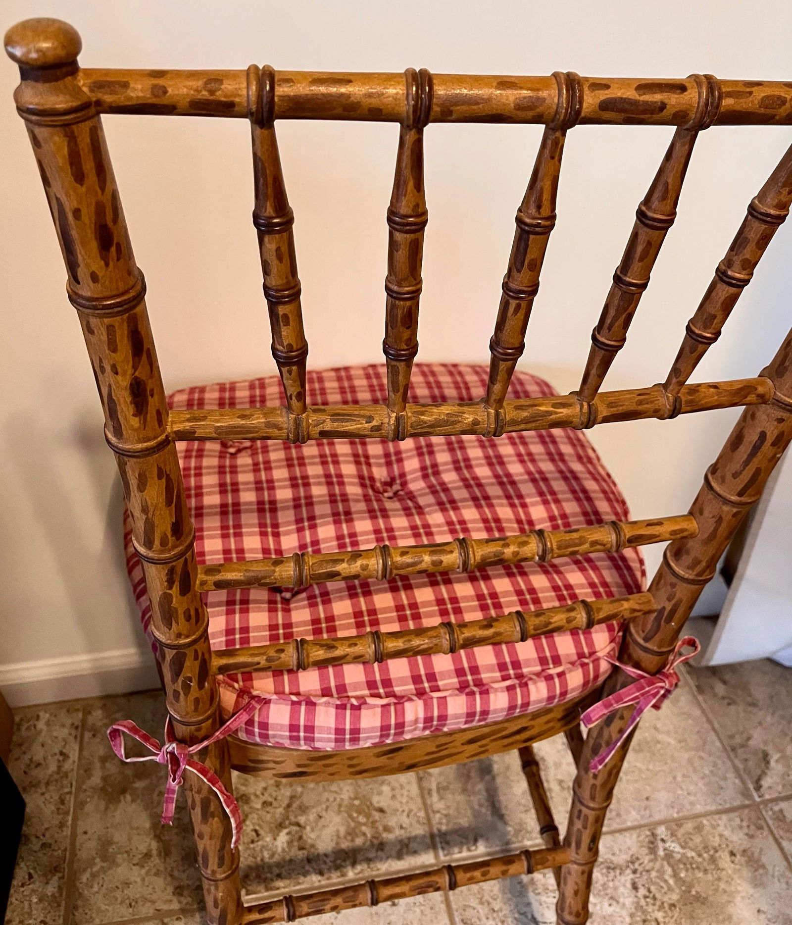 Mid 20th Century Faux Bamboo Tortoise Shell Finish Chair Made in Spain With Custom Red Raspberry Che - 7