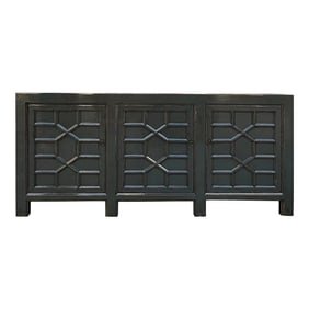 Distressed Gray Lacquer Cross Lattice Pattern Doors Sideboard Console Cabinet