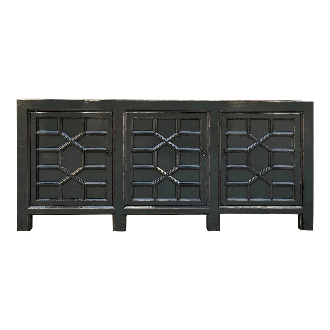 Distressed Gray Lacquer Cross Lattice Pattern Doors Sideboard Console Cabinet: Elevate your living space with the sophisticated charm of this Distressed Gray Lacquer Cross Lattice Pattern Doors Sideboard Console Cabinet. This captivating piece features a stunning interplay of di
