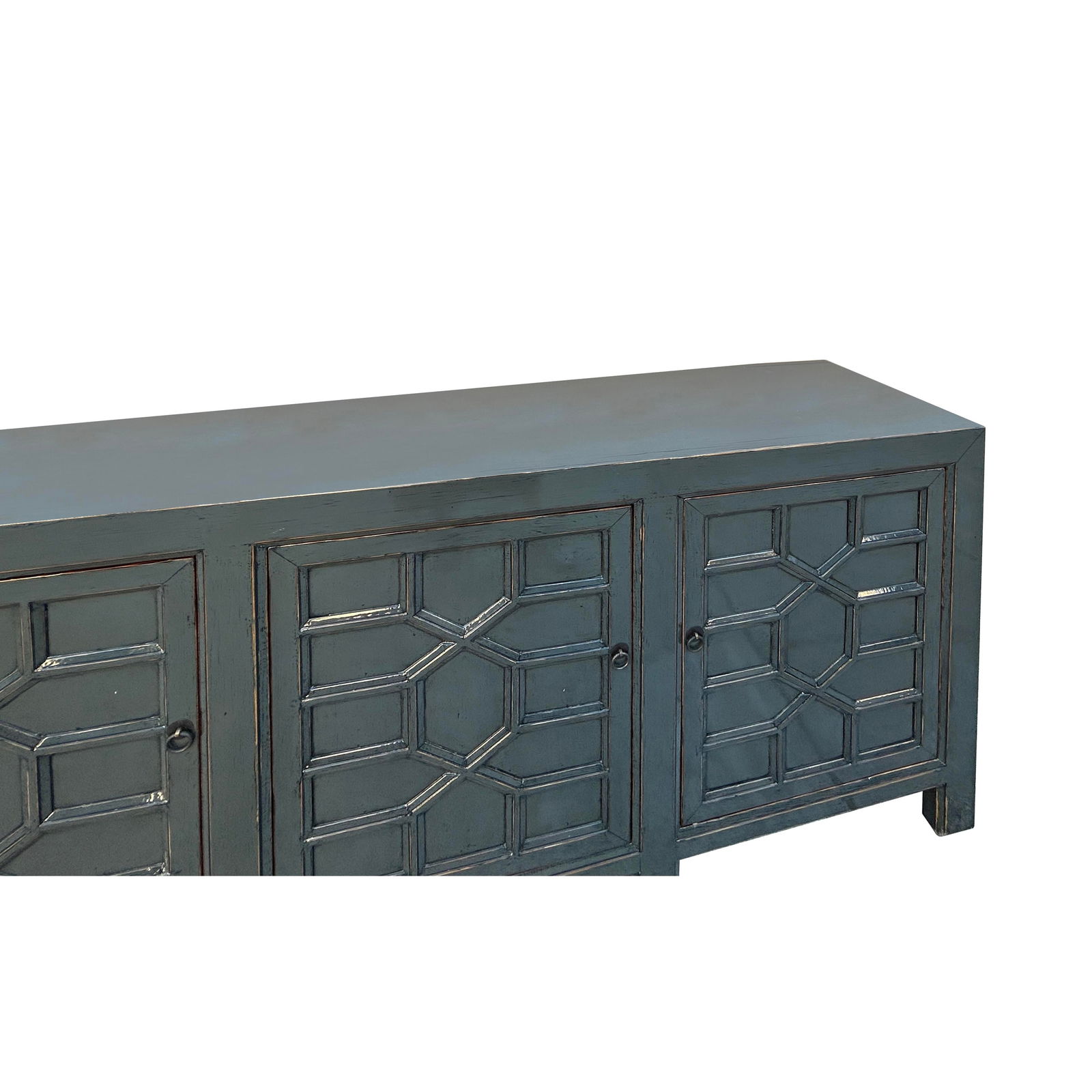 Distressed Gray Lacquer Cross Lattice Pattern Doors Sideboard Console Cabinet - 3