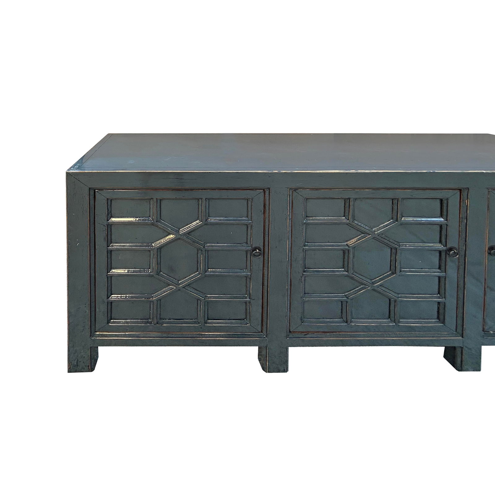 Distressed Gray Lacquer Cross Lattice Pattern Doors Sideboard Console Cabinet - 5