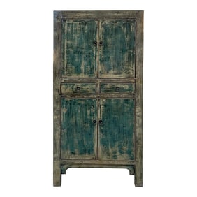 Distressed Olive Green Rim Teal Blue Doors Storage Cabinet