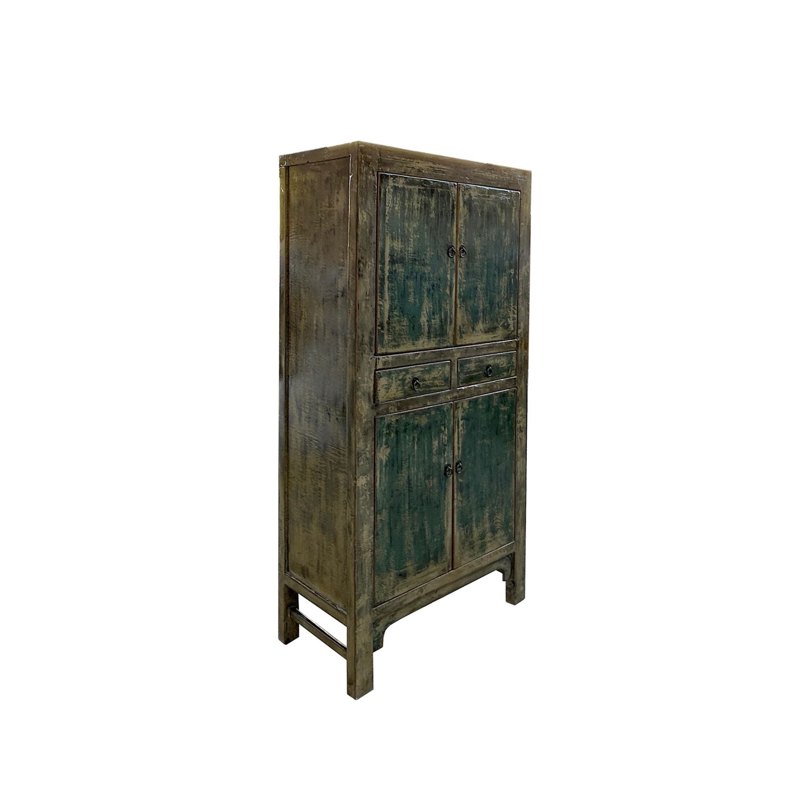Distressed Olive Green Rim Teal Blue Doors Storage Cabinet - 2
