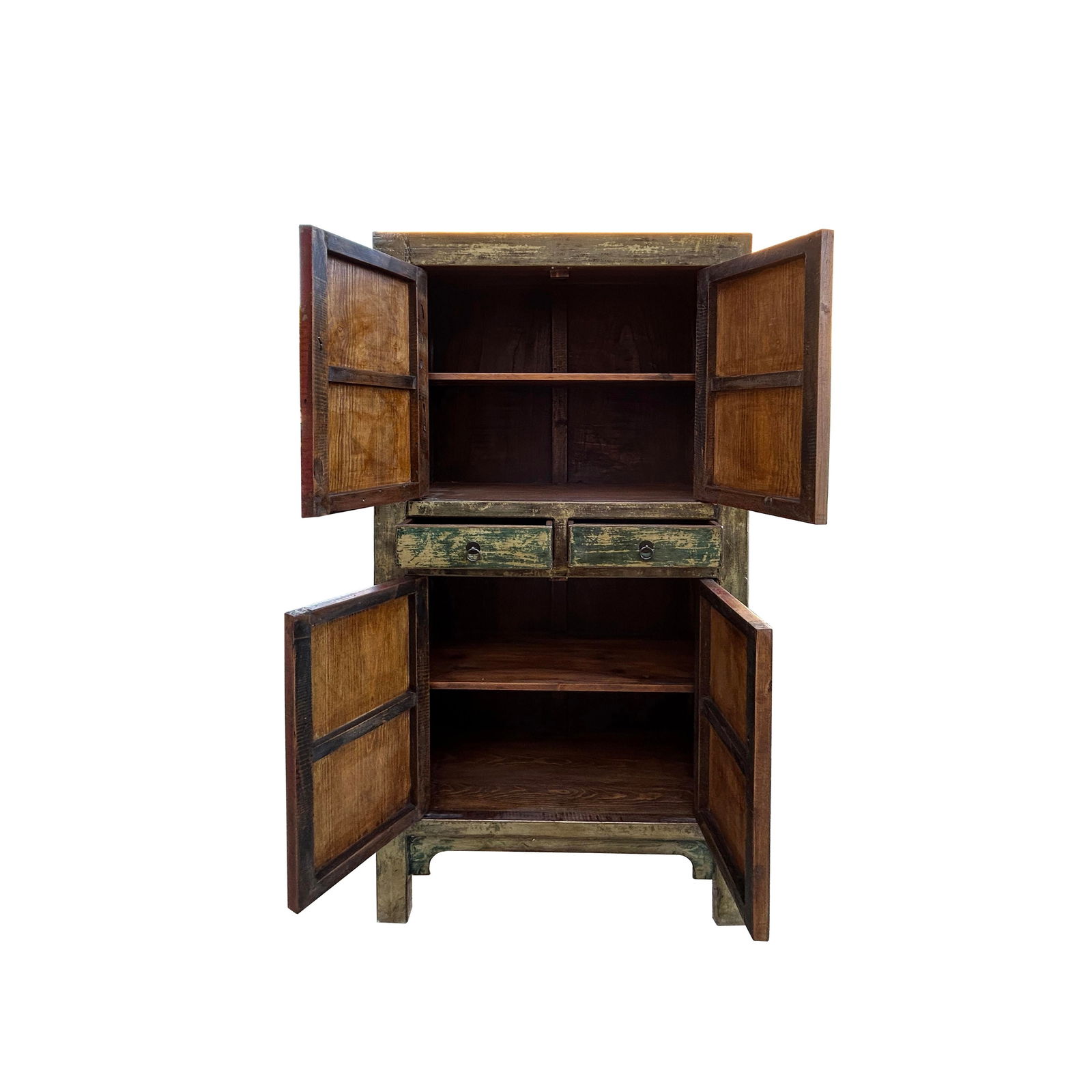 Distressed Olive Green Rim Teal Blue Doors Storage Cabinet - 3