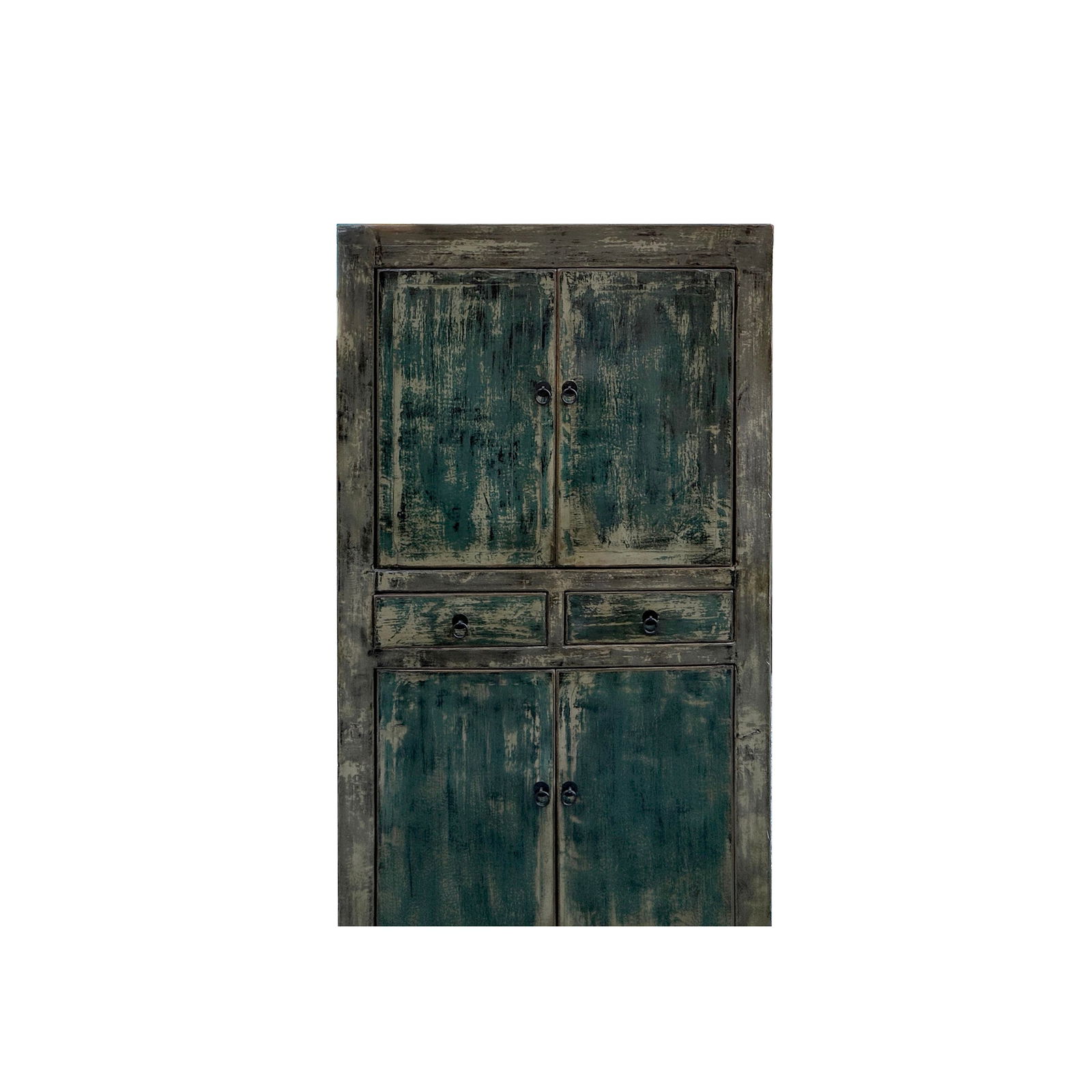Distressed Olive Green Rim Teal Blue Doors Storage Cabinet - 4