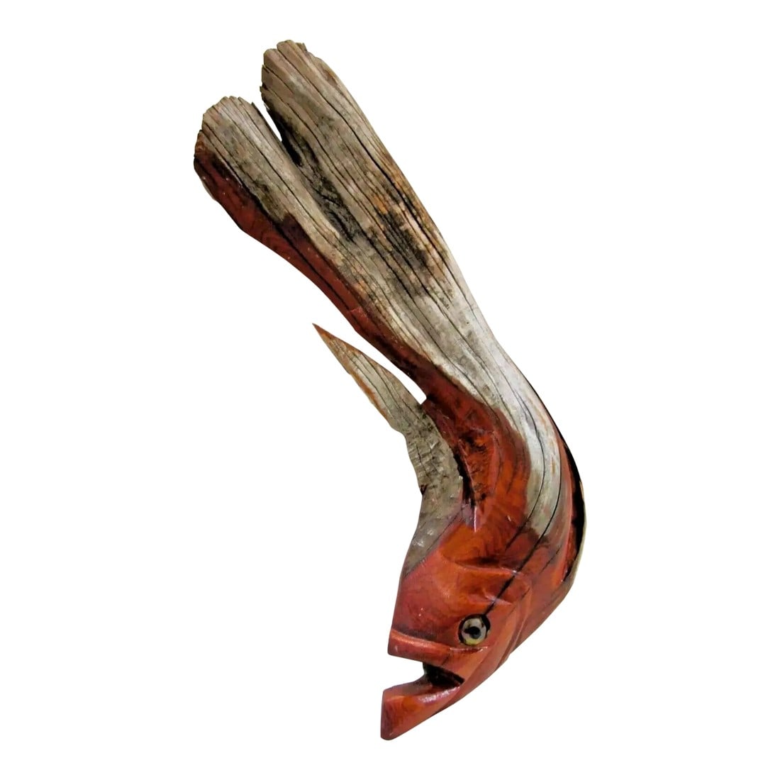 1960s Vintage Cypress Driftwood Sculpture Wall Hanging Carving of Fish With Glass Eye (1 of 8)