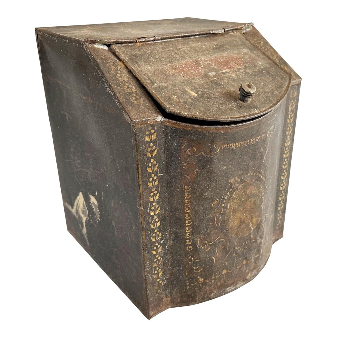 Antique Coffee Bin, 1900s European Coffee Bin: Here is a unique, metal Victorian coffee bin sourced from England. This antique coffee bin features a door near the top side and has a patterned botanical design on a faded black finish. This treasure