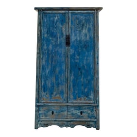 Distressed Bright Blue Tall Oriental Noodle Cabinet Storage Armoire