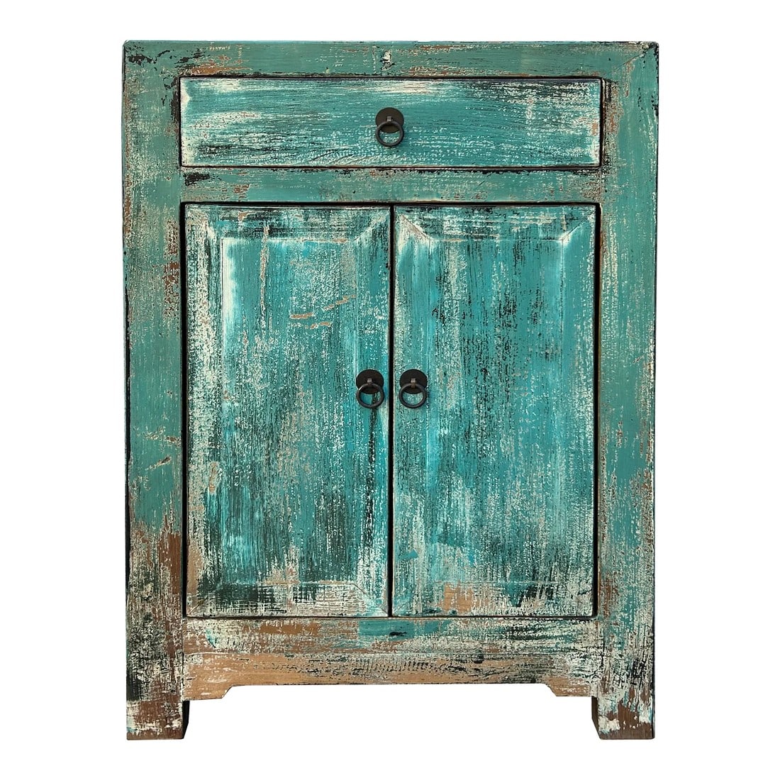 Distressed Turquoise Aqua Blue Small Cabinet End Table Nightstand: Elevate your living space with the charming Distressed Turquoise Aqua Blue Small Side Cabinet End Table Nightstand. This captivating piece features a beautiful distressed turquoise aqua blue finish th