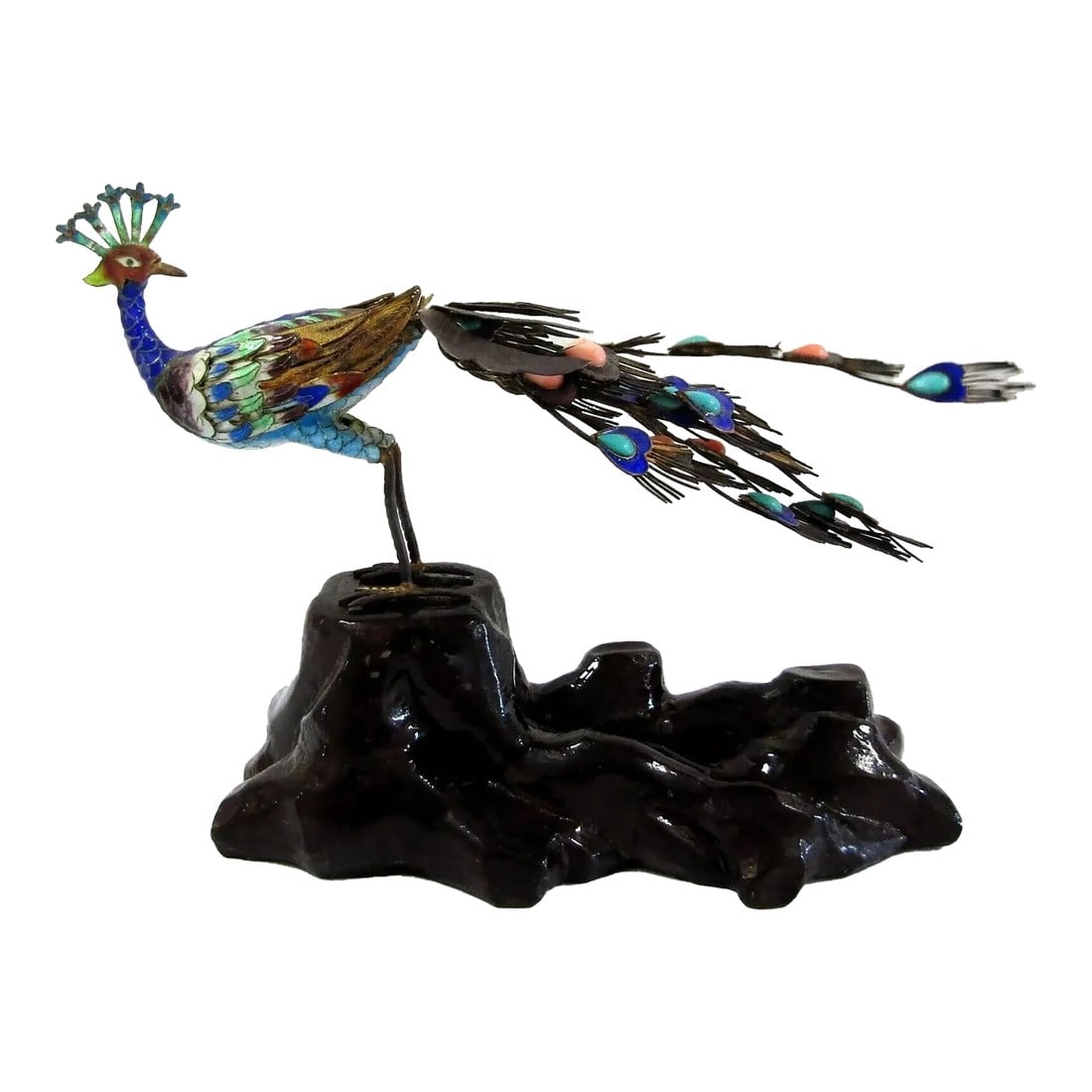 Antique Chinese Silver Gilt Cloisonne Jeweled Peacock Bird Sculpture, 19th Century (1 of 12)