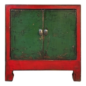 Vintage Distressed Chinese Red Rim Green Doors Side Table Cabinet