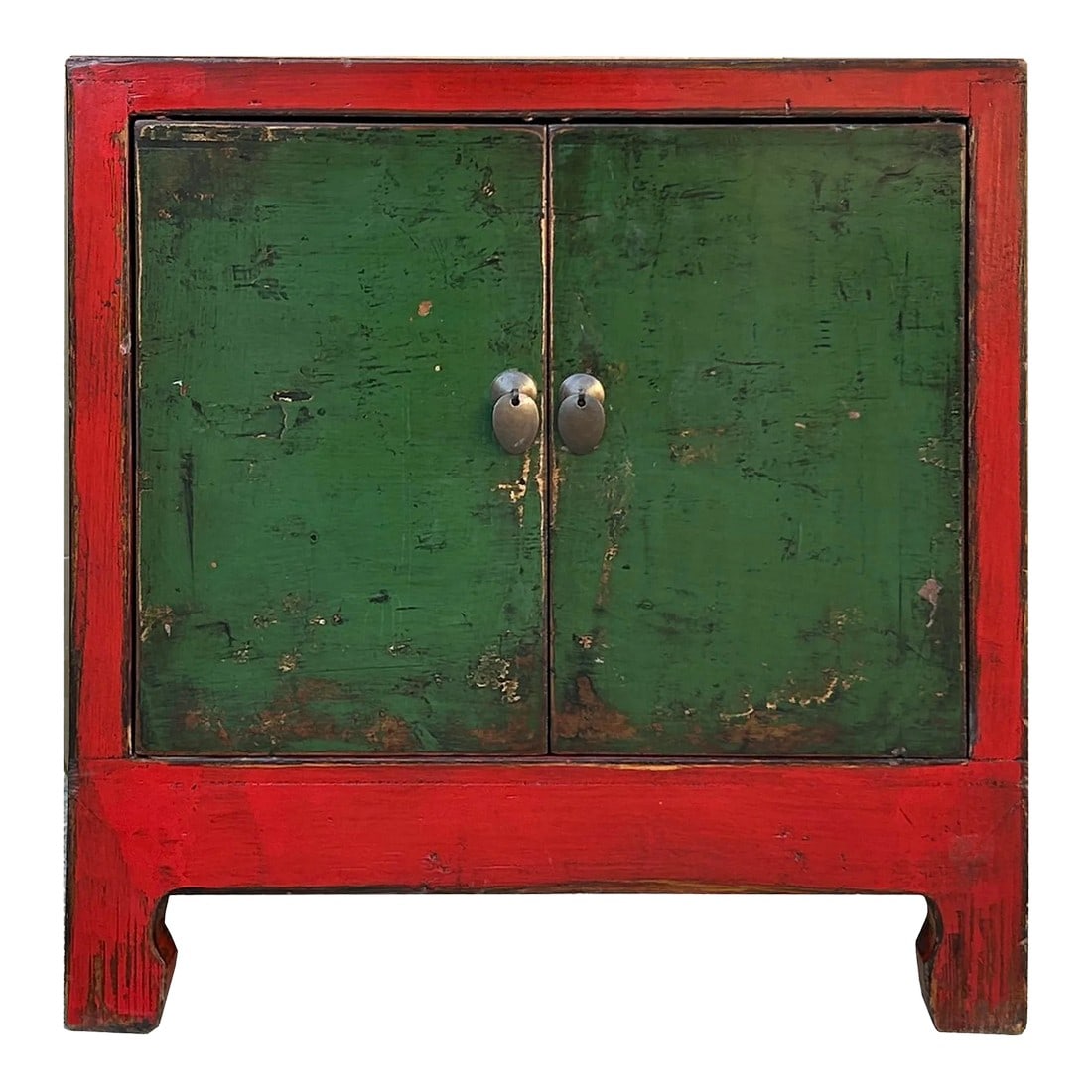 Vintage Distressed Chinese Red Rim Green Doors Side Table Cabinet (1 of 5)
