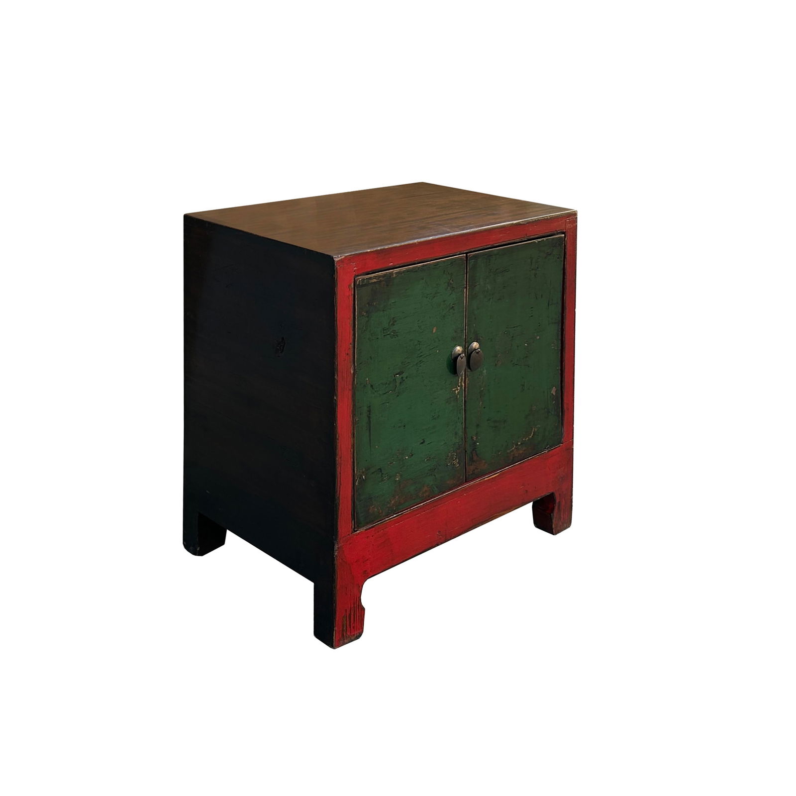 Vintage Distressed Chinese Red Rim Green Doors Side Table Cabinet - 2