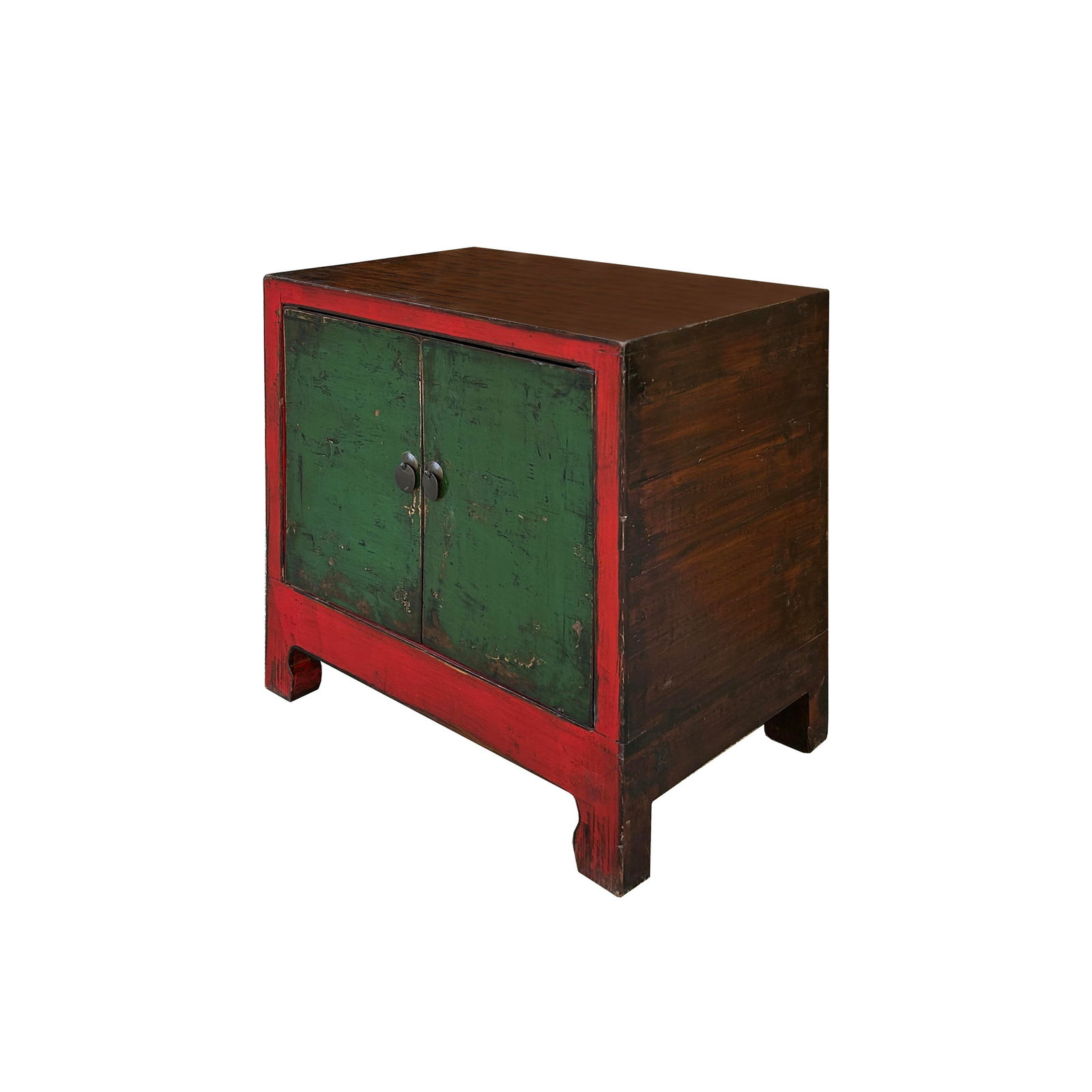 Vintage Distressed Chinese Red Rim Green Doors Side Table Cabinet - 3