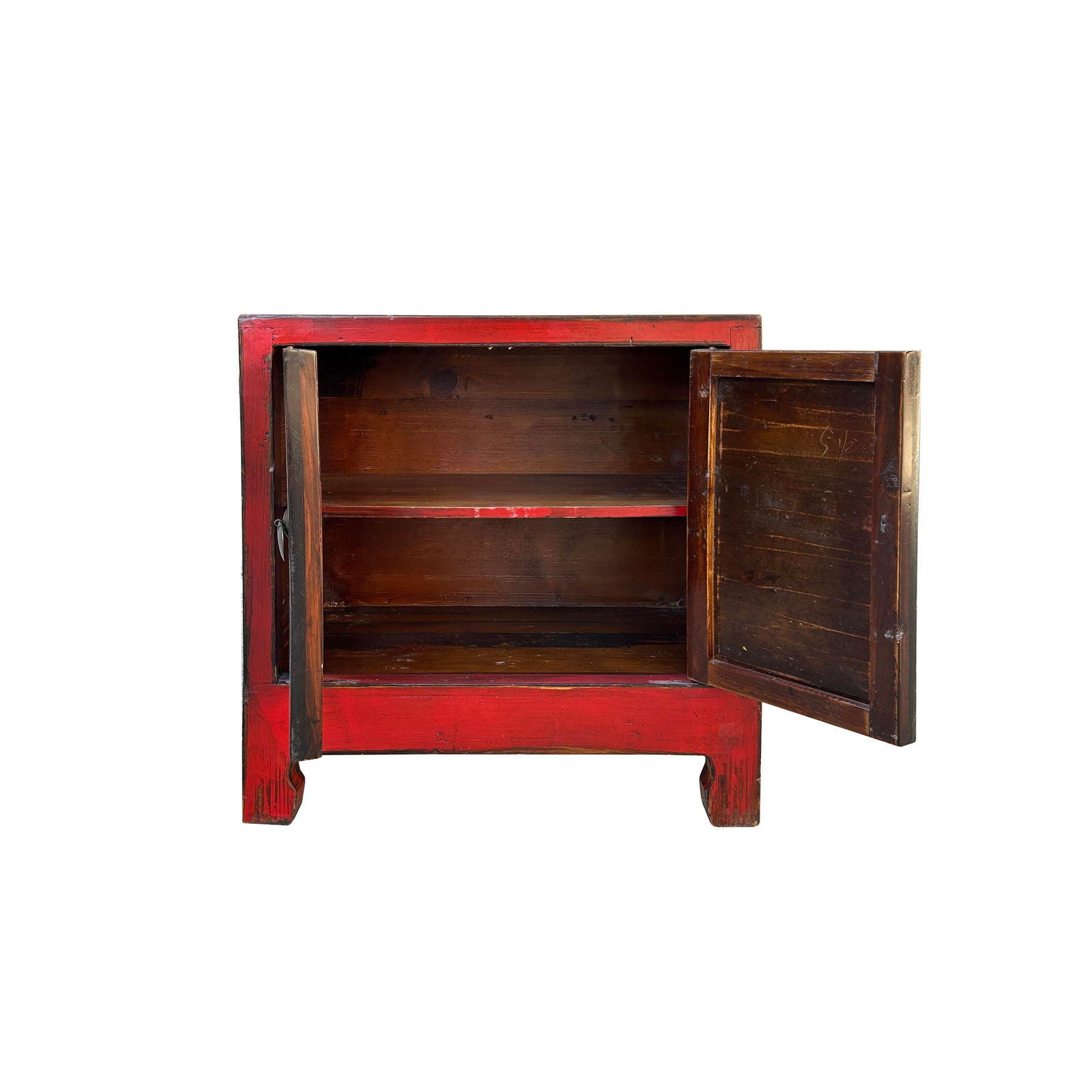 Vintage Distressed Chinese Red Rim Green Doors Side Table Cabinet - 4