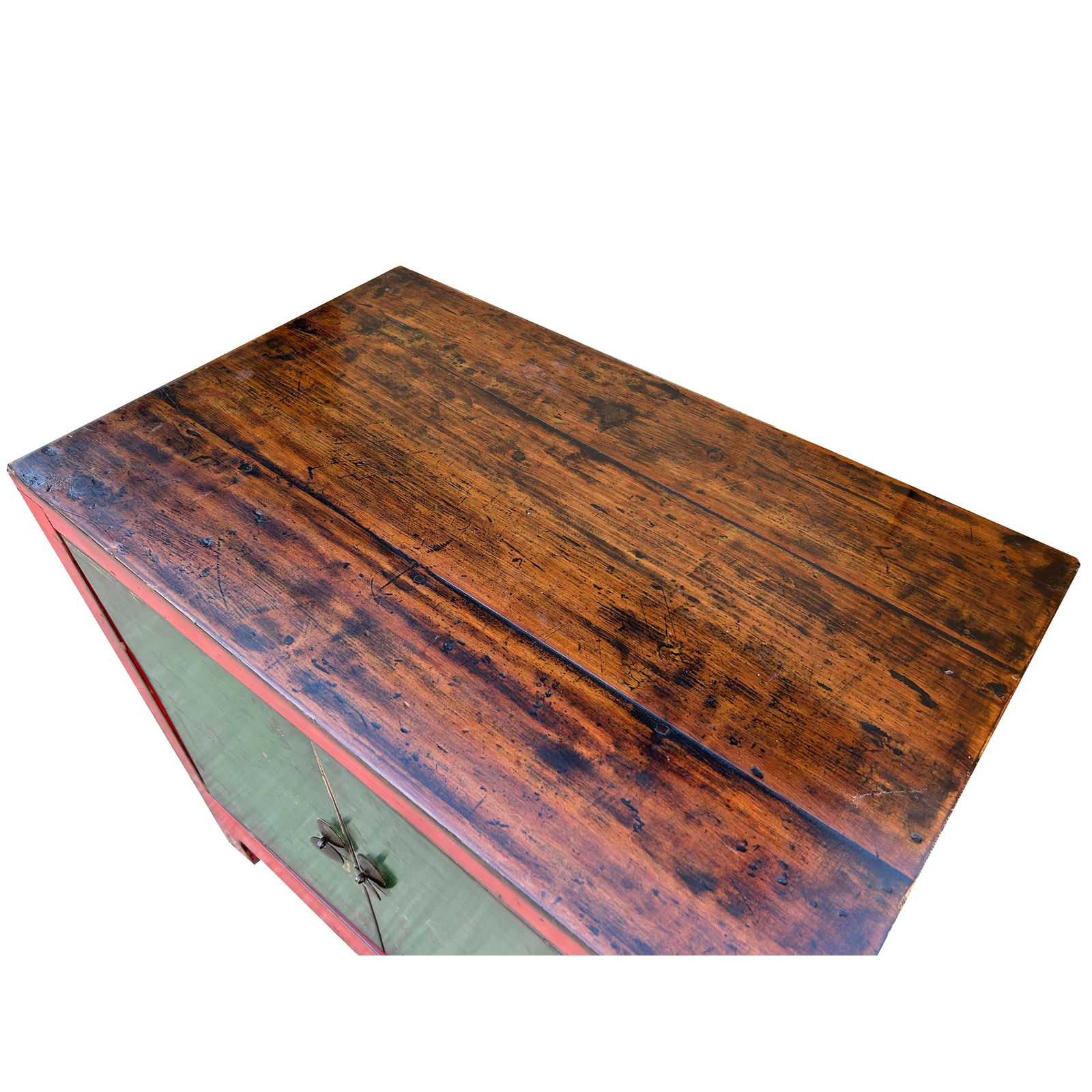 Vintage Distressed Chinese Red Rim Green Doors Side Table Cabinet - 5
