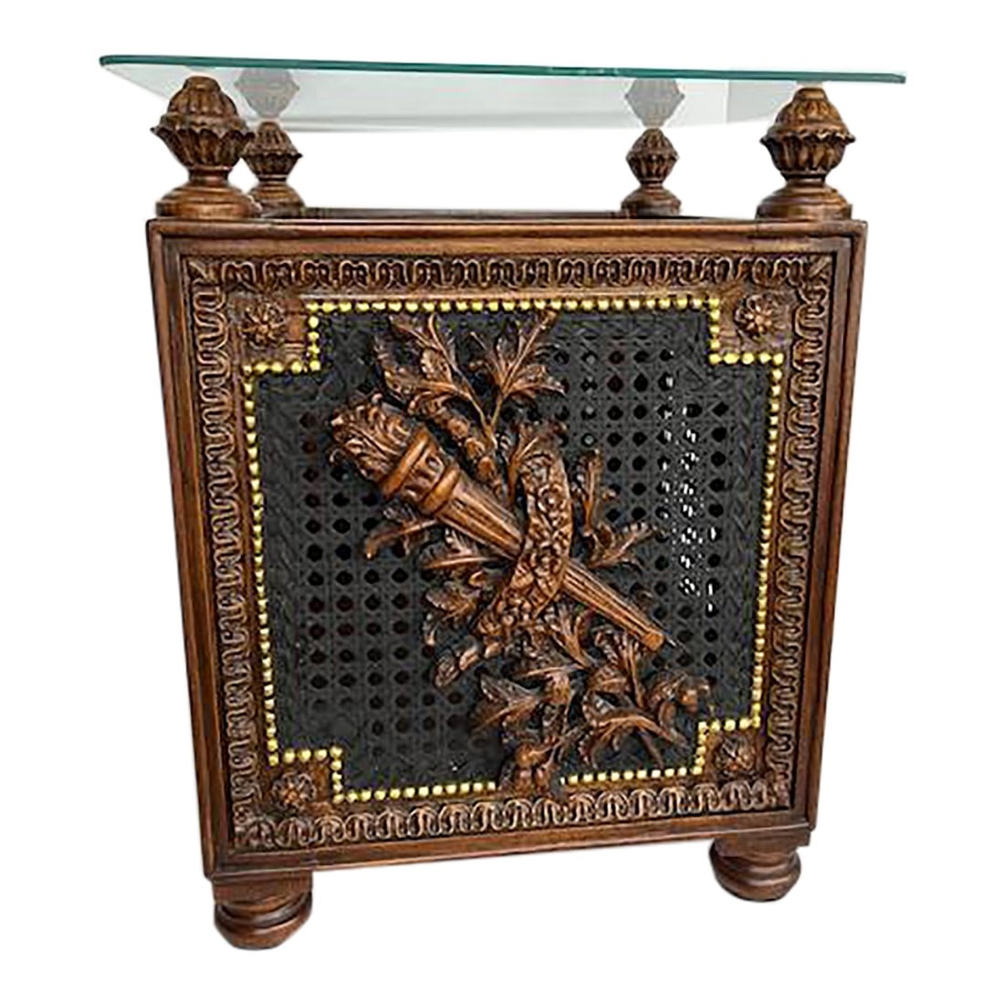 French Planter Also as Side Table: Square Wood planter with cained panels on four sides. Distinctive decorative wood detail and a carved traditional French panel on the caining. It has turned feet and knobs on each corner. It