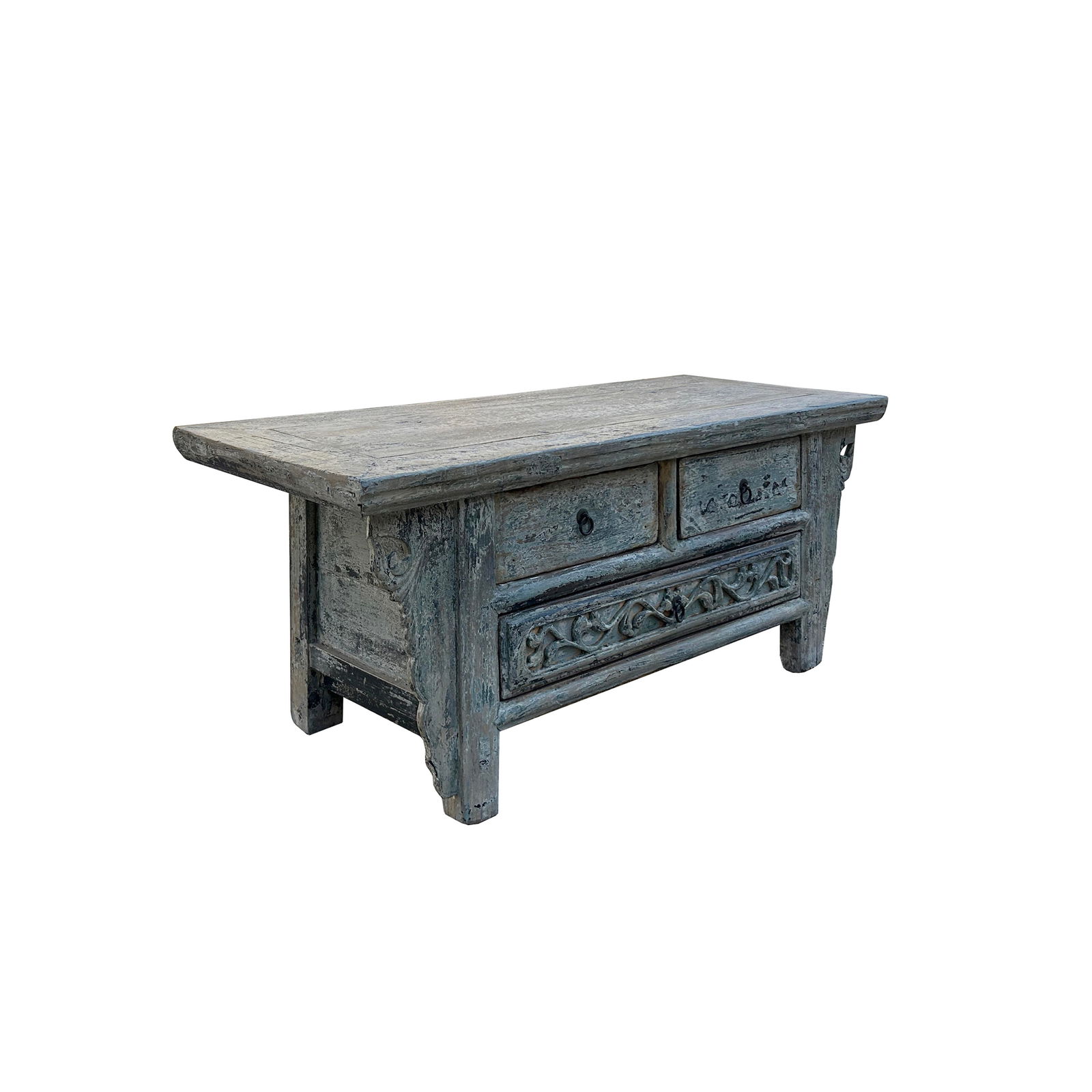 Chinese Vintage Rustic Washed White Blue Low Kang Table Display Stand - 2