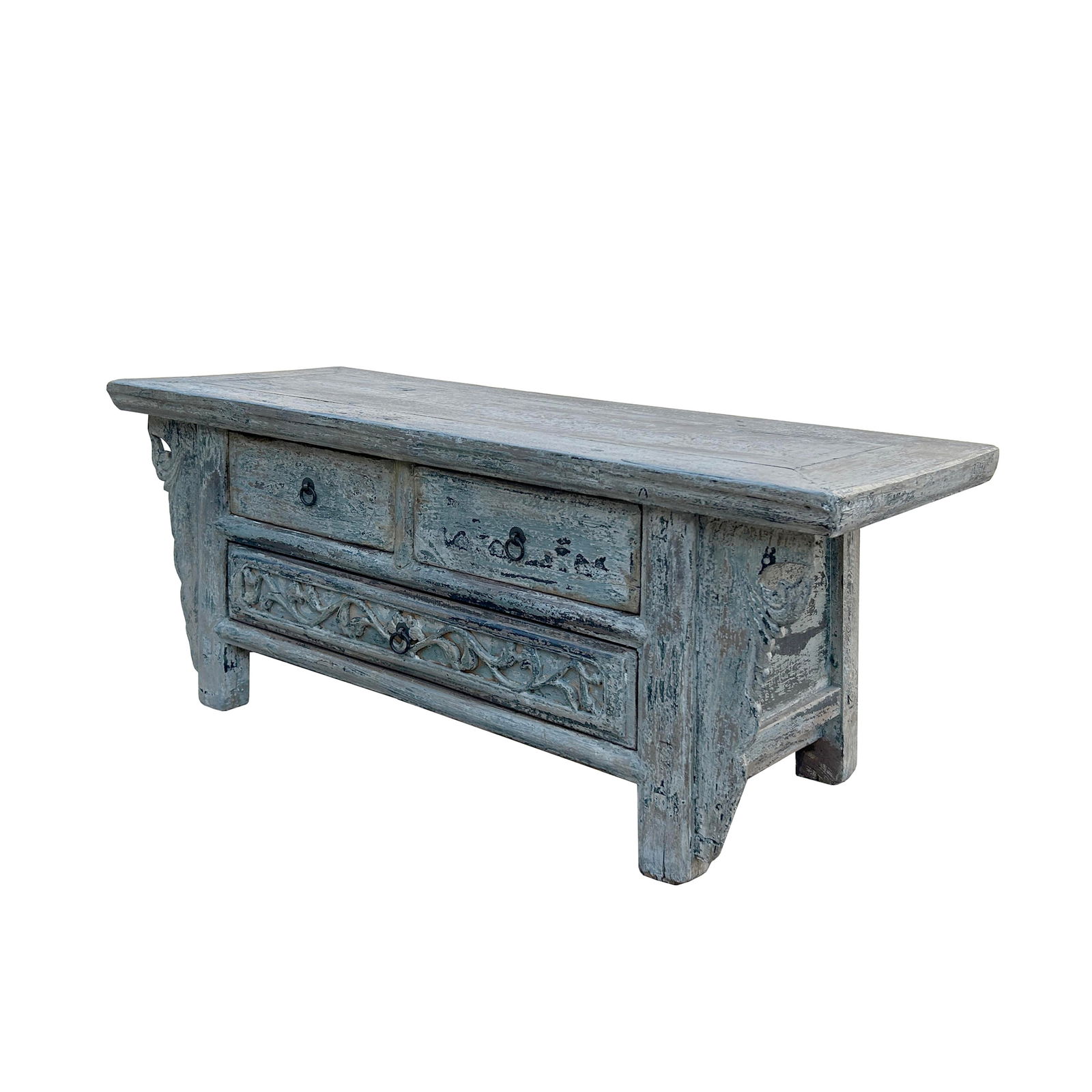 Chinese Vintage Rustic Washed White Blue Low Kang Table Display Stand - 3