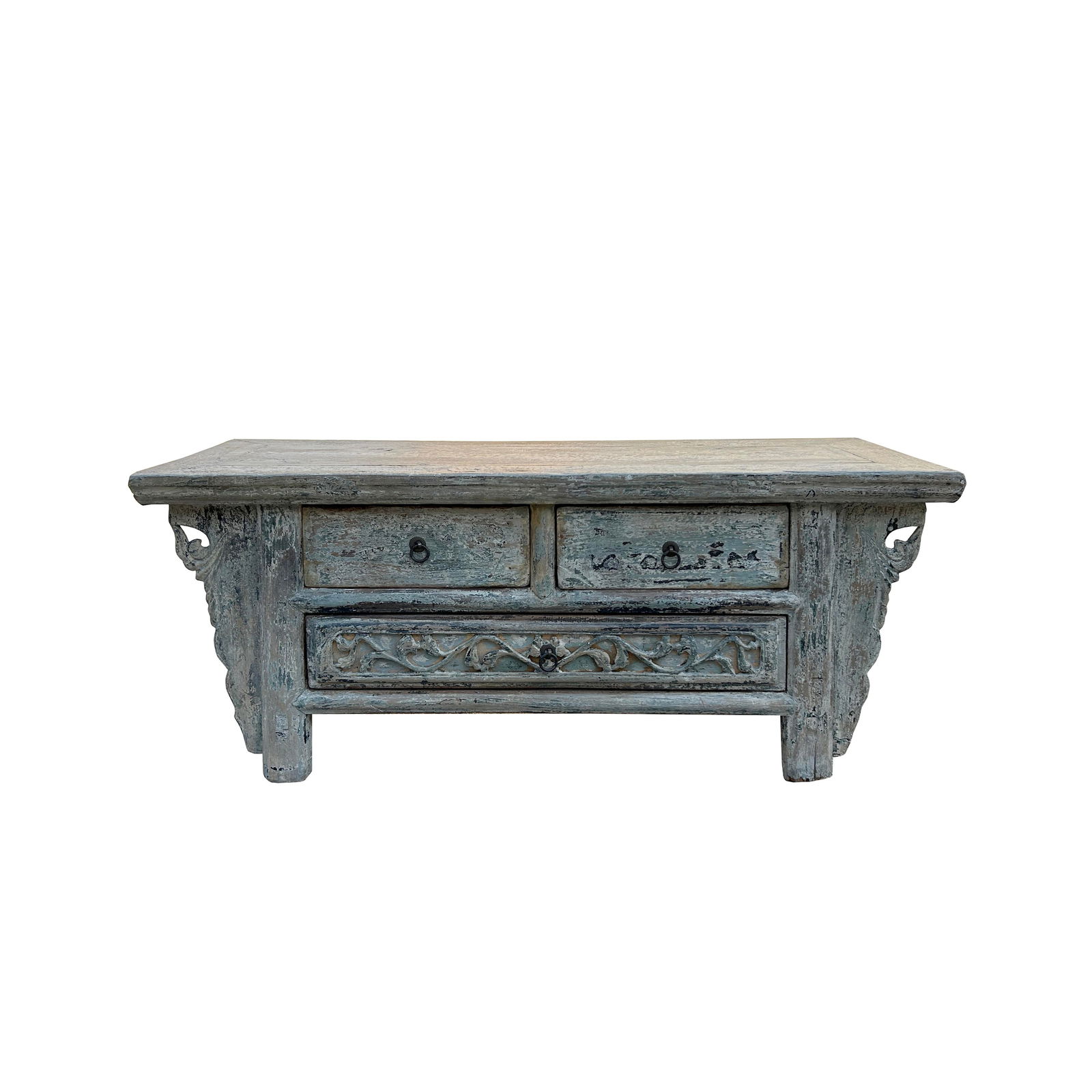 Chinese Vintage Rustic Washed White Blue Low Kang Table Display Stand - 4