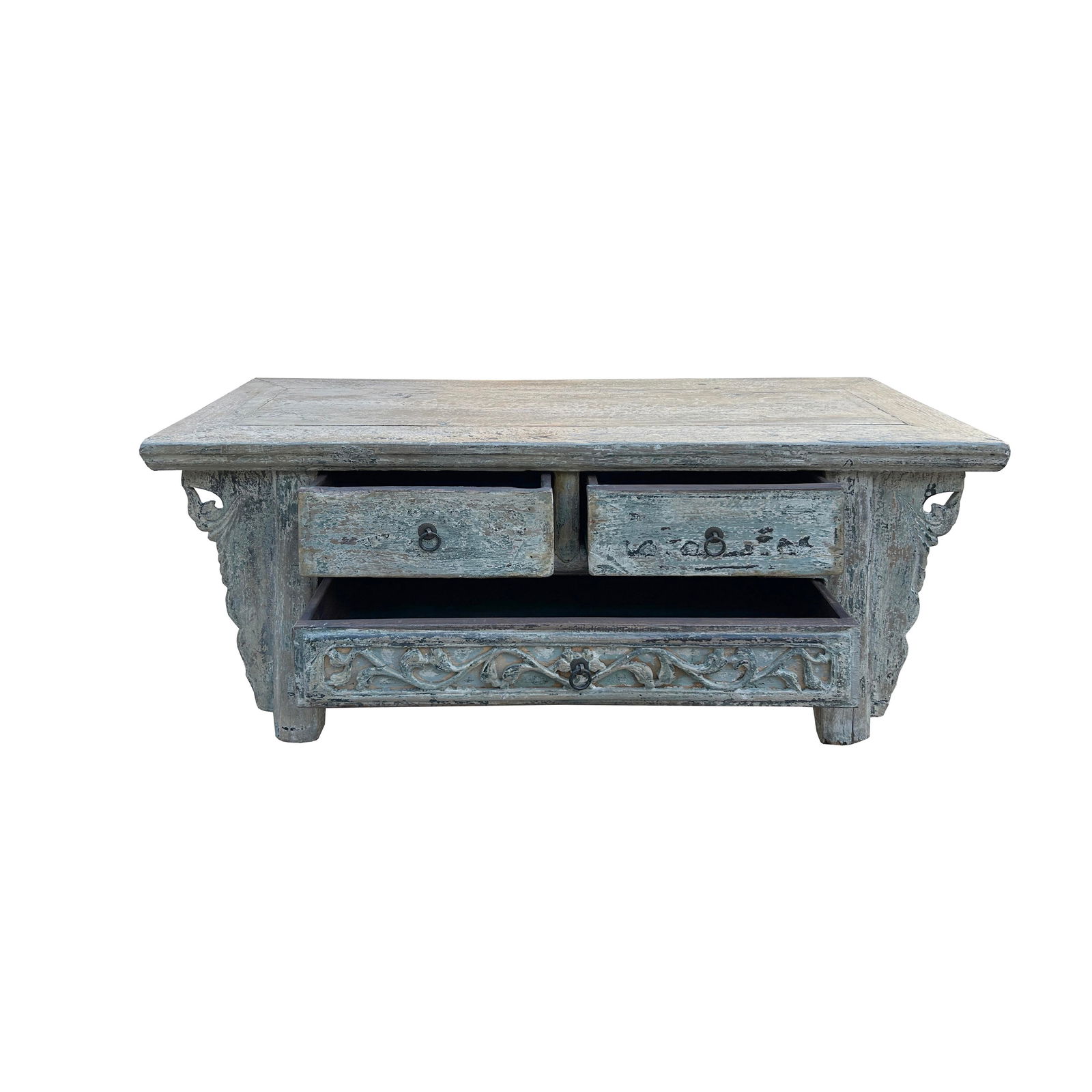 Chinese Vintage Rustic Washed White Blue Low Kang Table Display Stand - 5