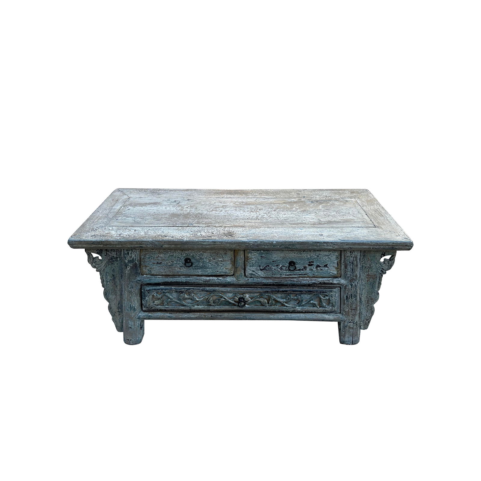 Chinese Vintage Rustic Washed White Blue Low Kang Table Display Stand - 6