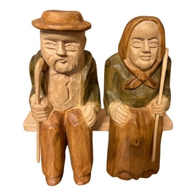 1970s Hand Carved Wooden Sitting Husband and Wife Sculpture