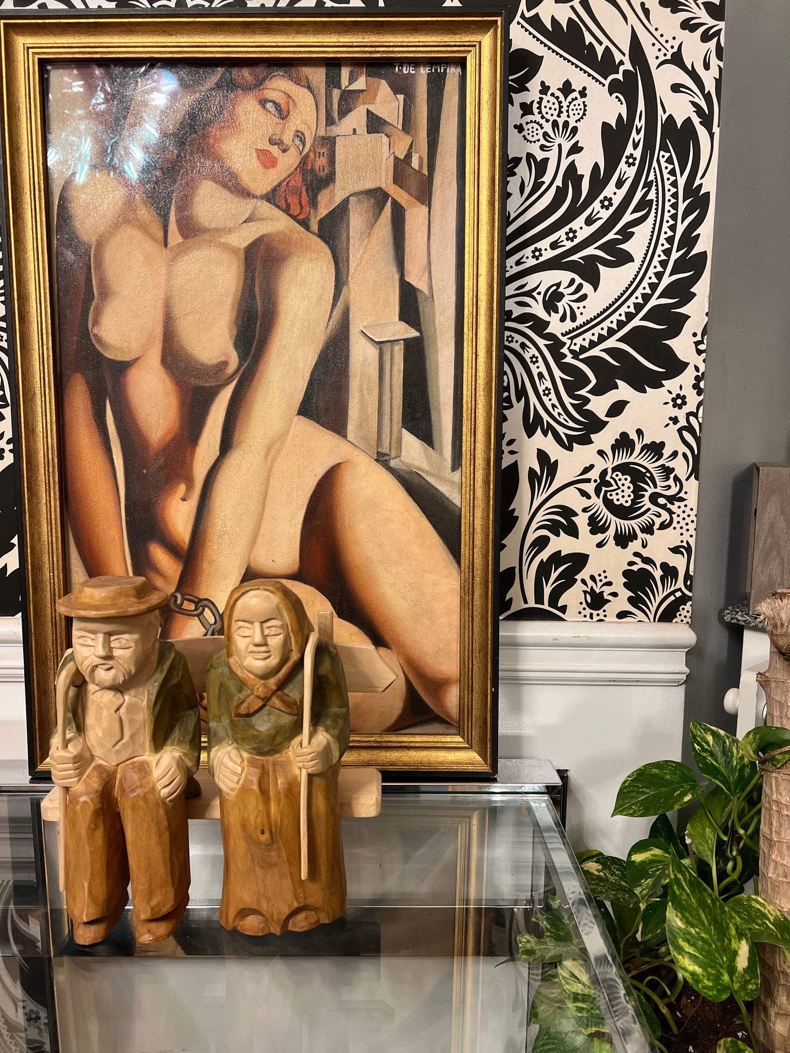 1970s Hand Carved Wooden Sitting Husband and Wife Sculpture - 2