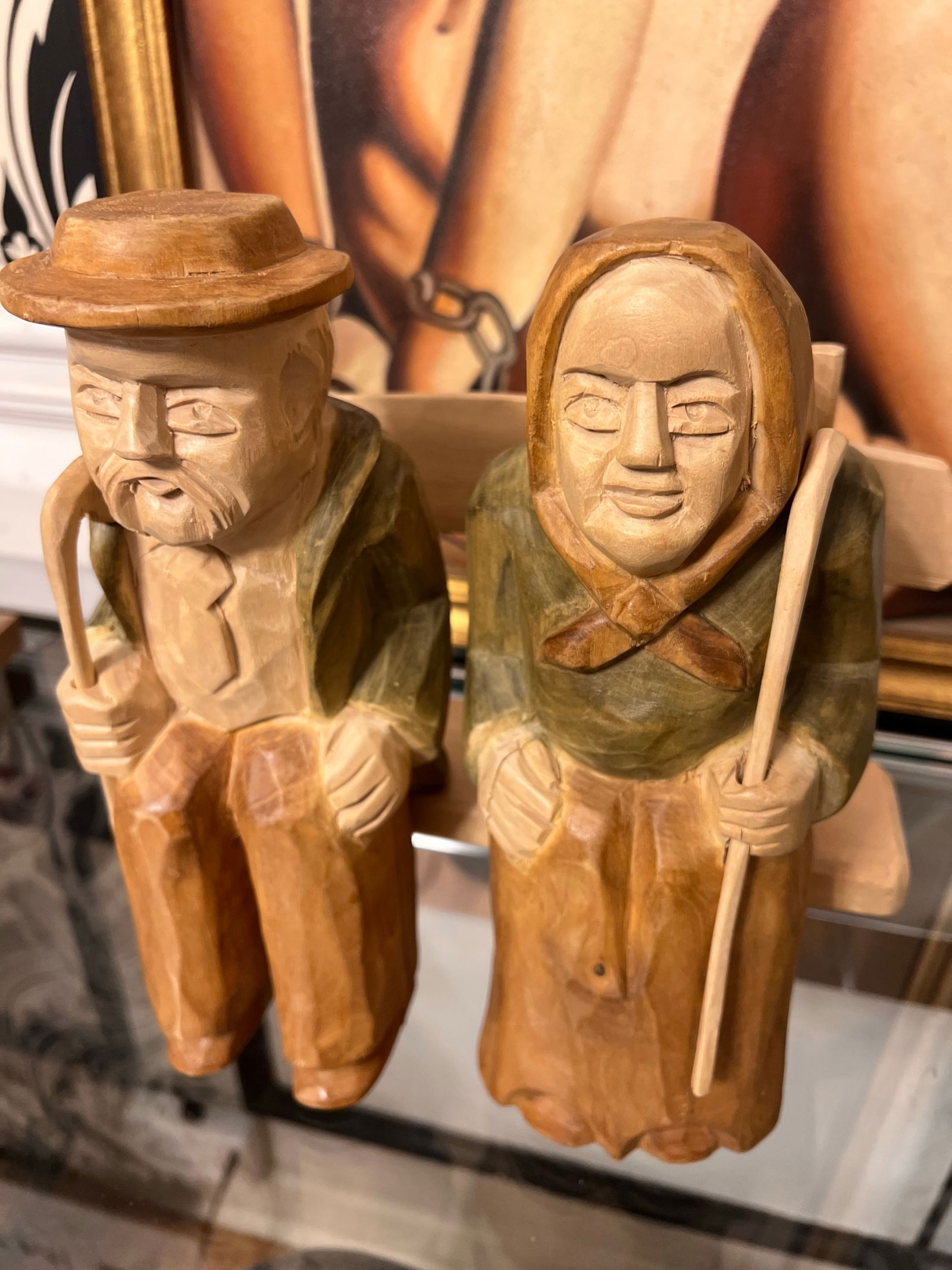 1970s Hand Carved Wooden Sitting Husband and Wife Sculpture - 4