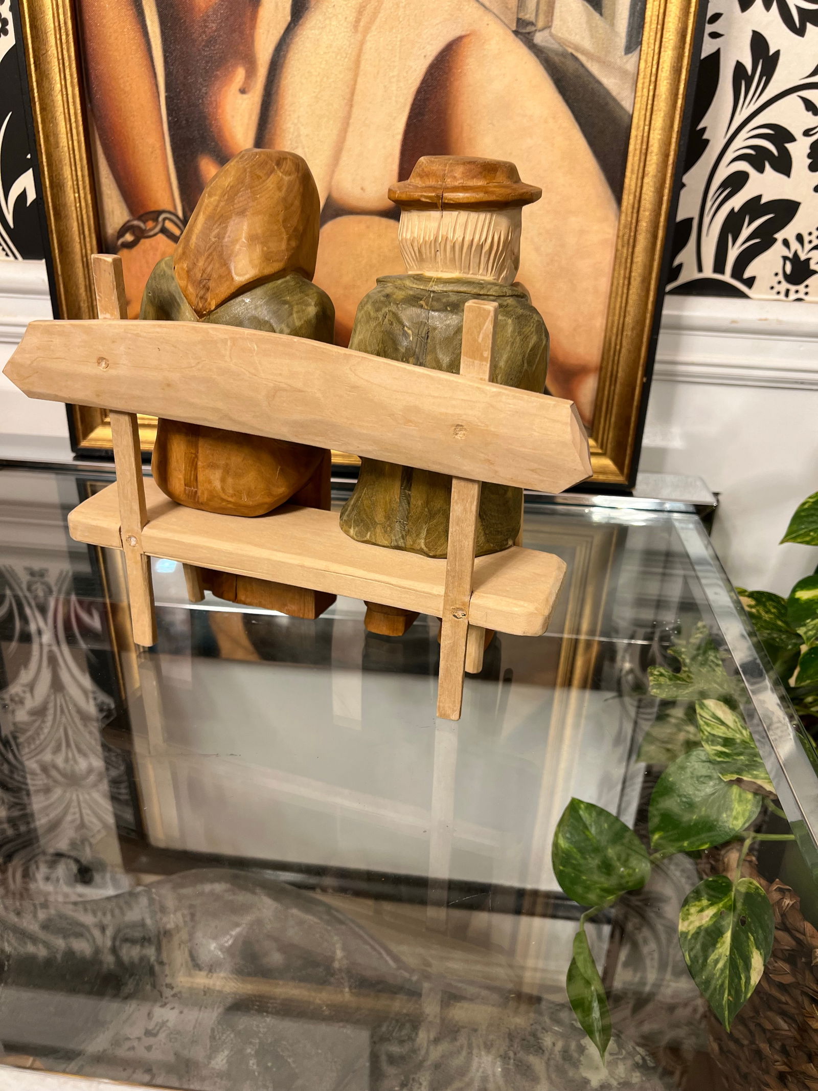 1970s Hand Carved Wooden Sitting Husband and Wife Sculpture - 5